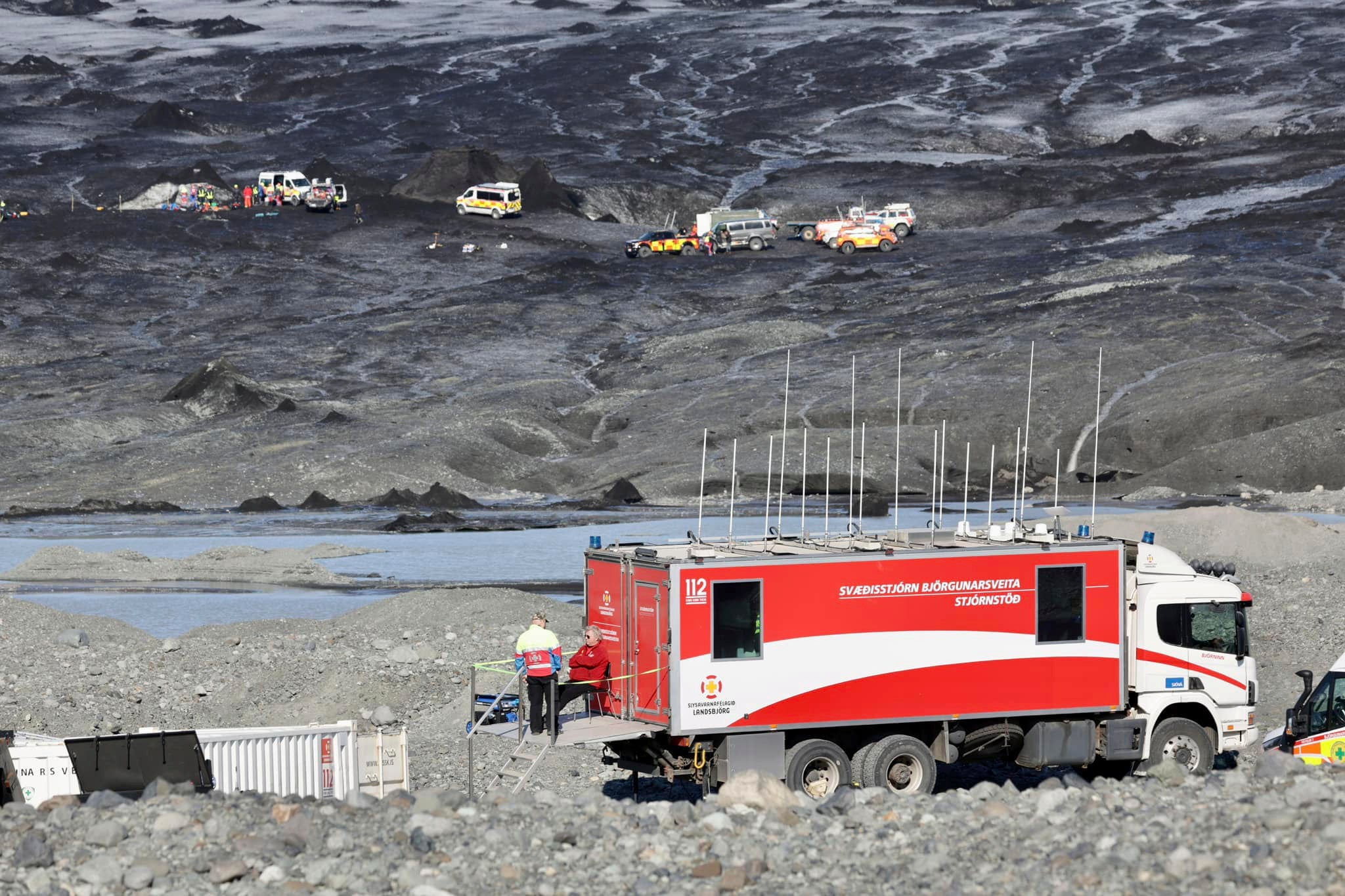 Rescue teams at the scene after an ice cave partially collapsed, at the Breidamerkurjokull glacier, in southeastern Iceland, Monday, Aug, 26, 2024.