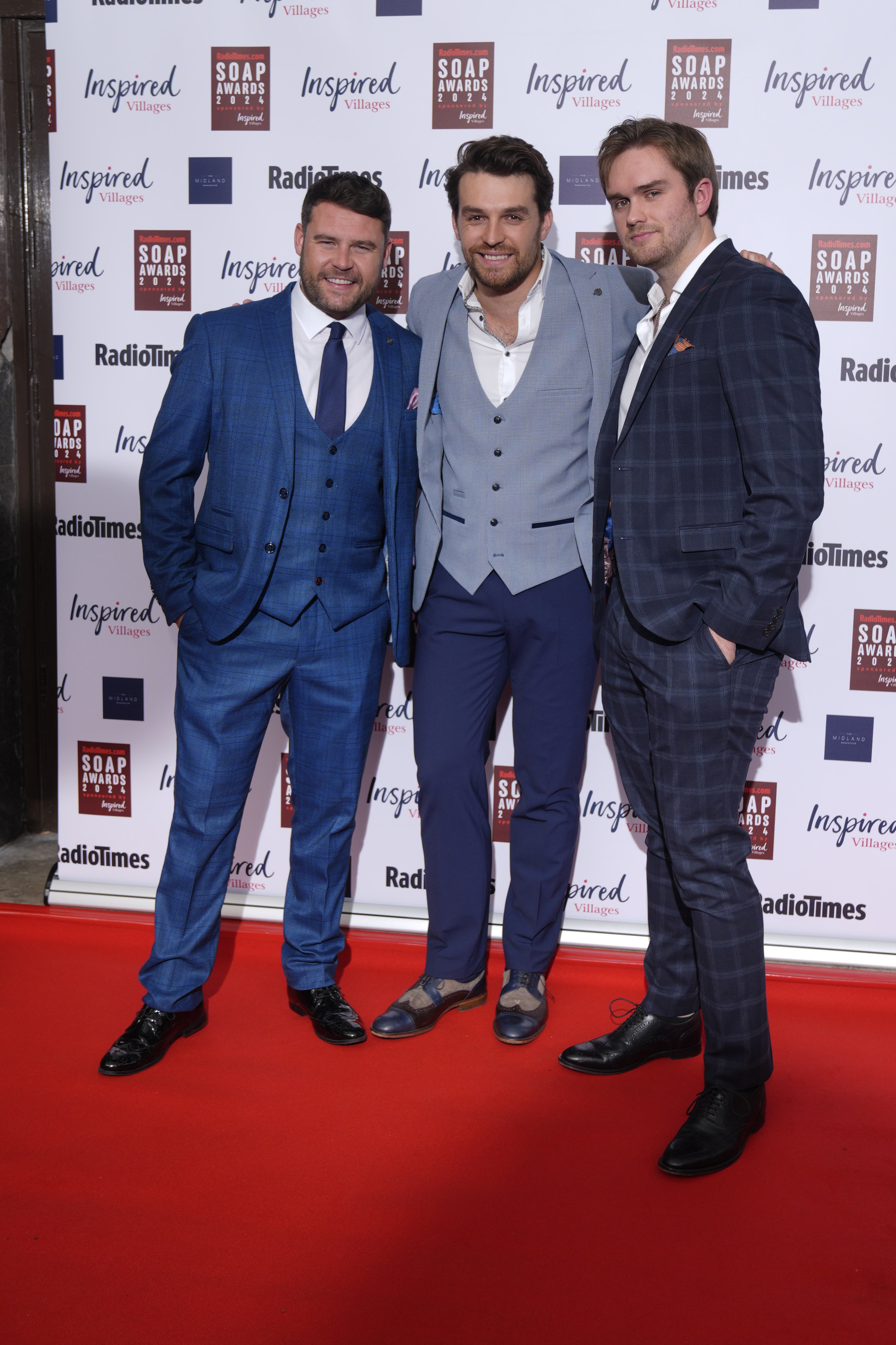 (L to R) Emmerdale actors Danny Miller (Aaron Dingle), Lawrence Robb (Mackenzie Boyd) and James Chase (Tom King)(Danny Lawson/PA)