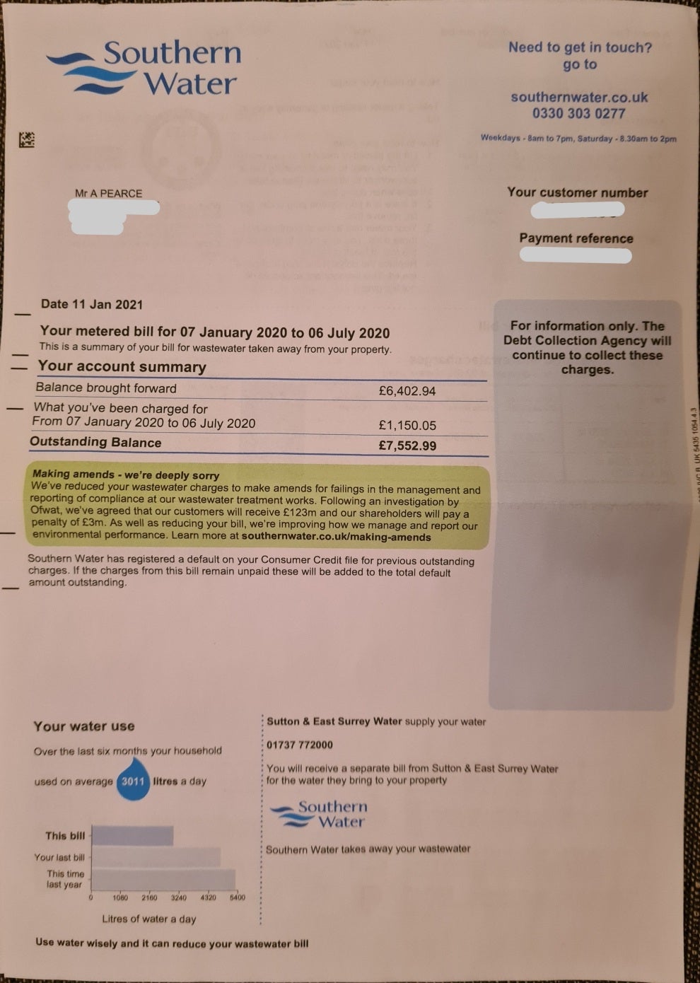 A water bill from Southern Water