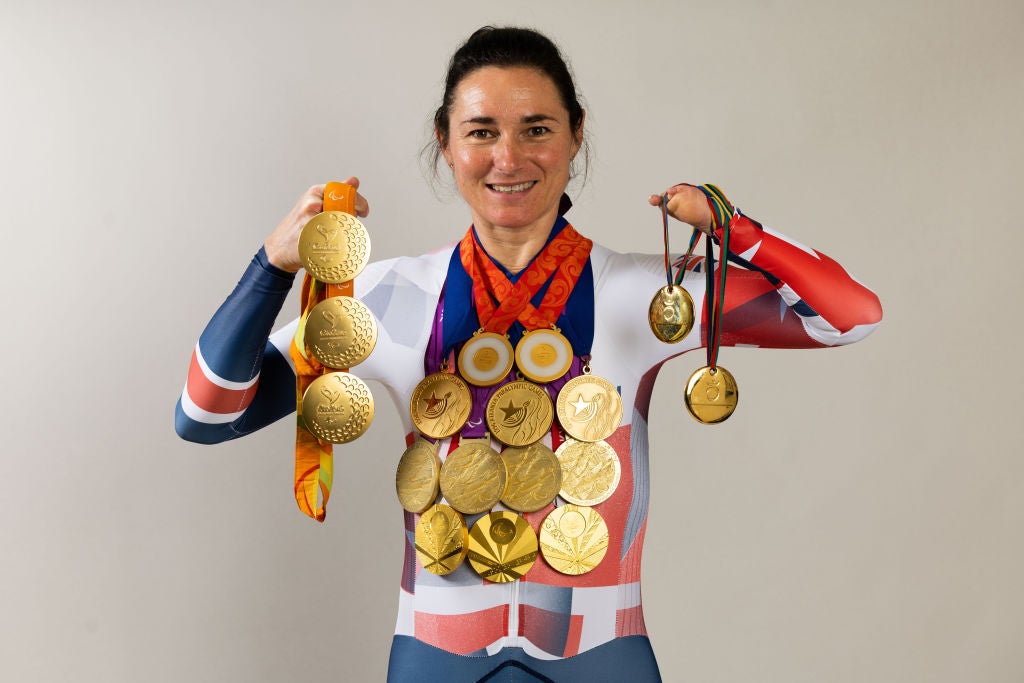 Sarah Storey poses with her 17 Paralympic gold medals. She is the most successful British Paralympic athlete of all time with 28 medals including 8 silver and 3 bronze