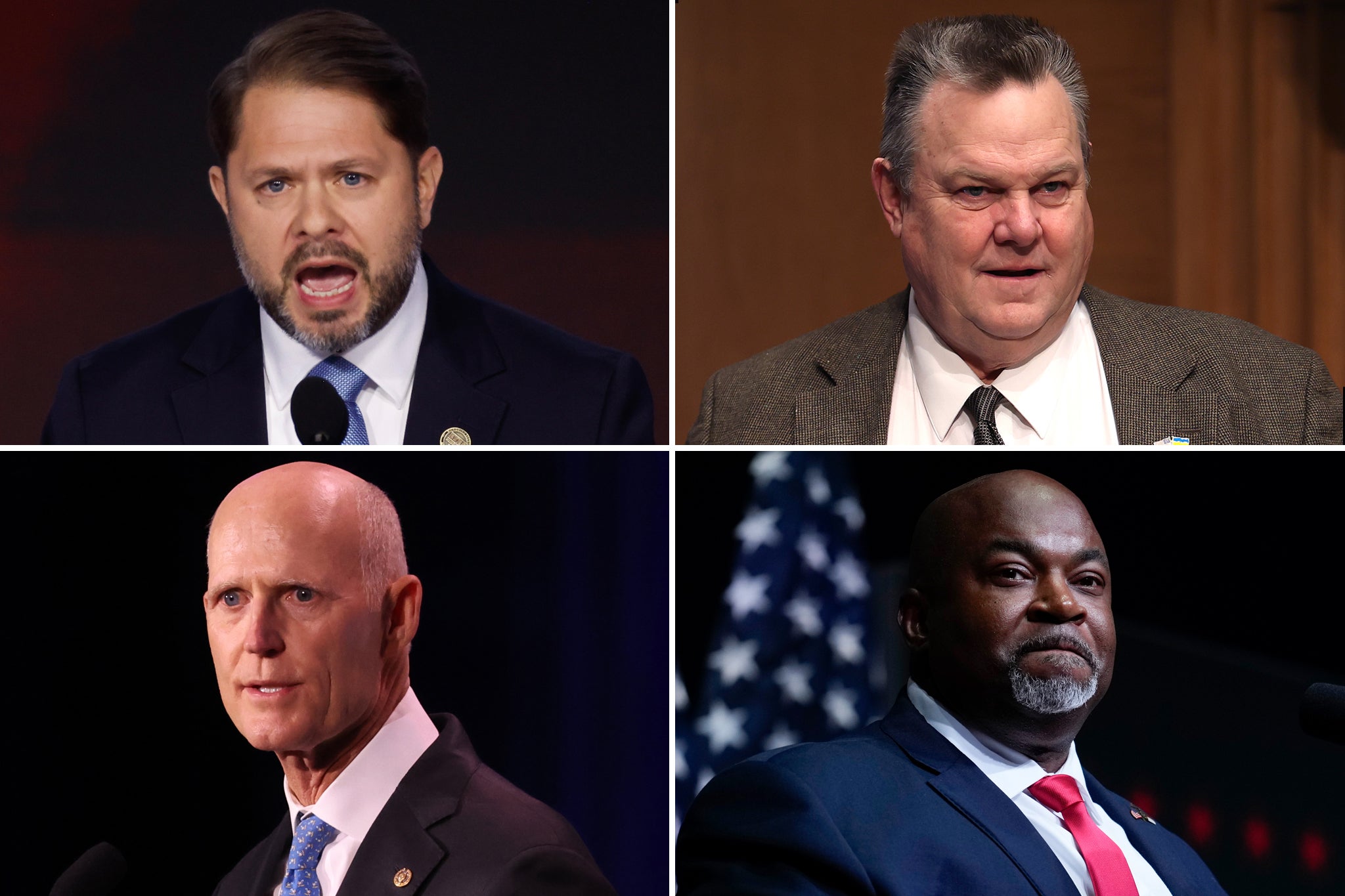 L-R: Ruben Gallego (Getty), Jon Tester (Getty), Rick Scott (Getty), and Mark Robinson (AP)