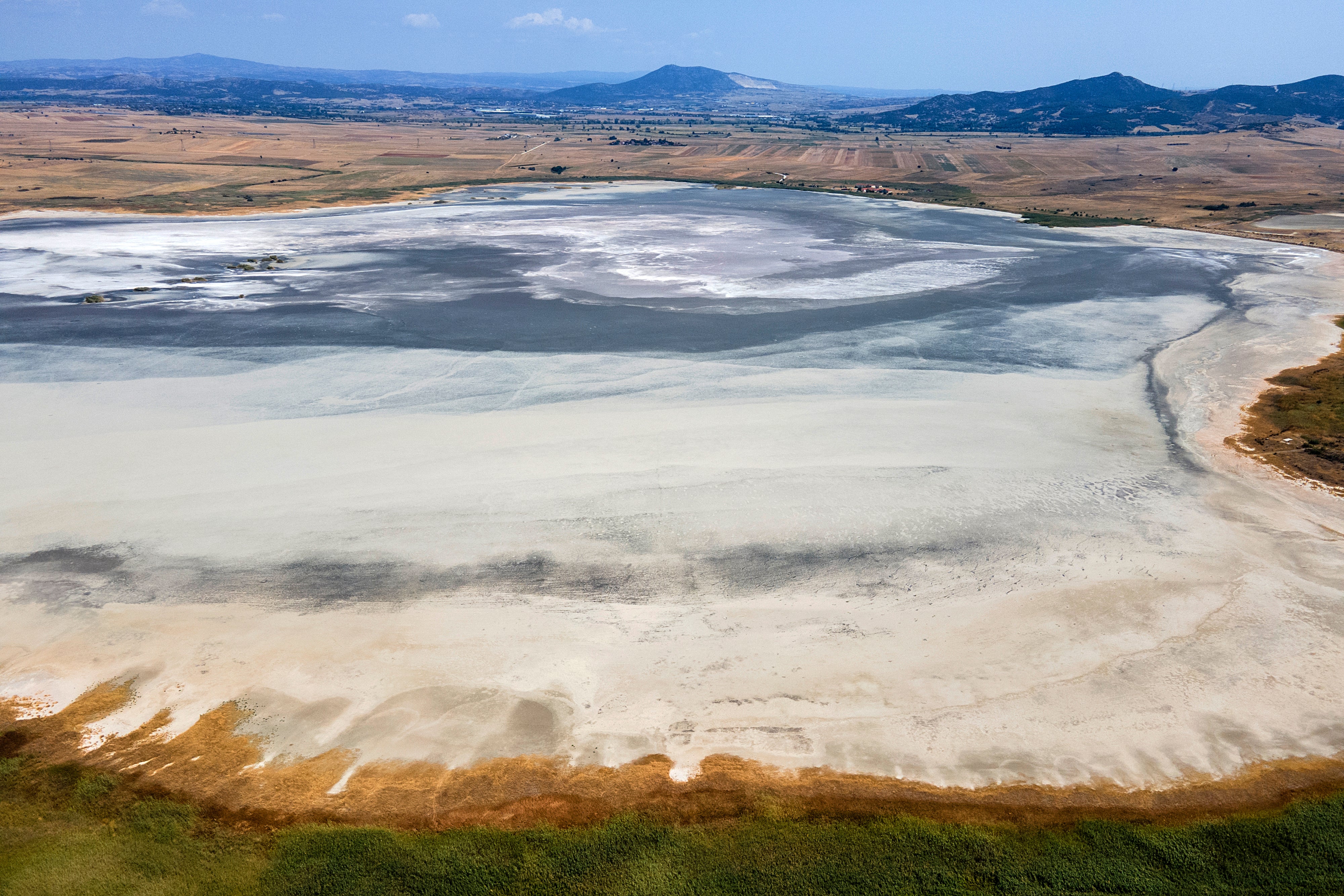 The dried out Lake Picrolimni is seen from above, near the village of Mikrokampos, northern Greece