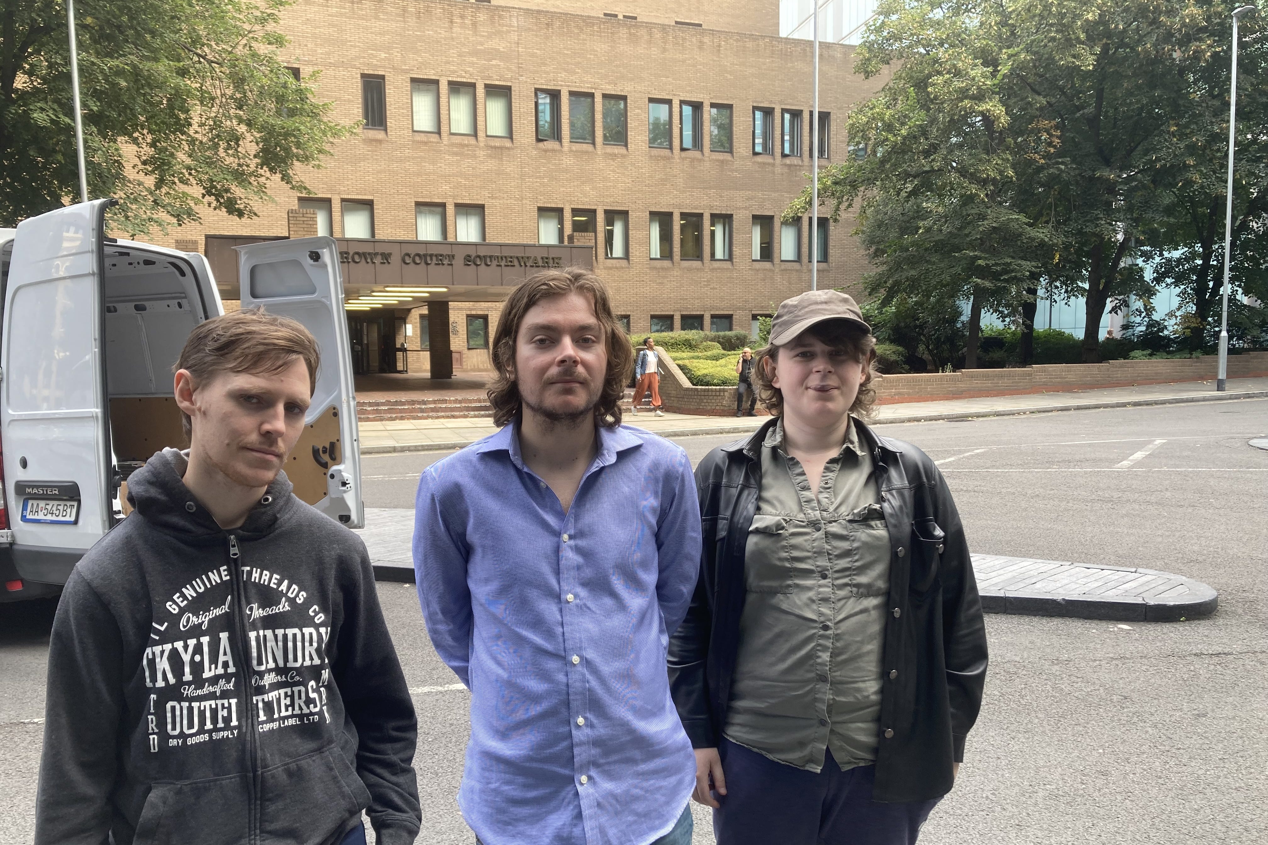 (left to right) Christopher Bennett, 27, Louis McKechnie, 23, and Riley Ings, 27, three of five Animal Rebellion protesters who have been found guilty at Southwark Crown Court (Jordan Reynolds/PA)