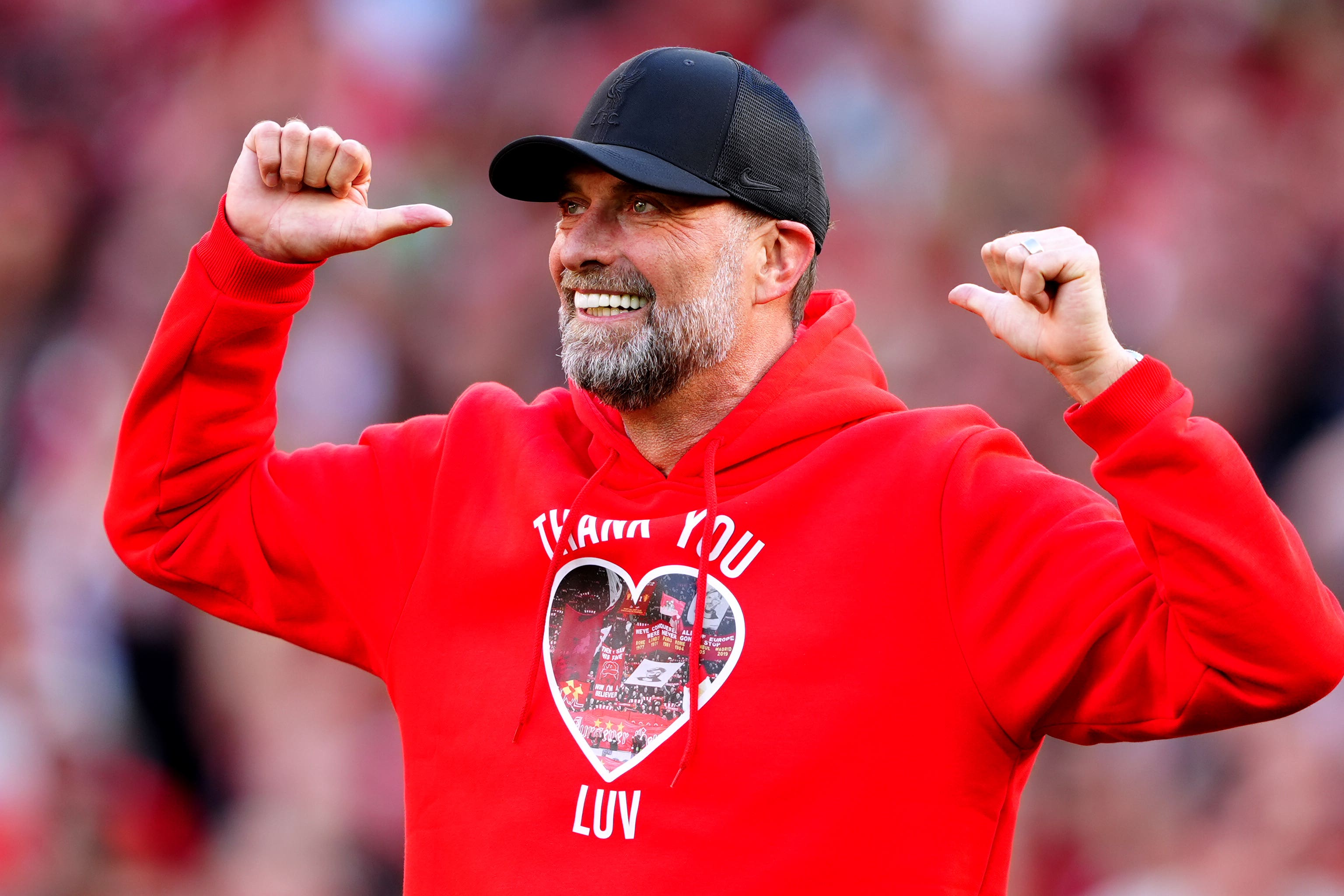 Jurgen Klopp during an emotional farewell following his final Liverpool game in May