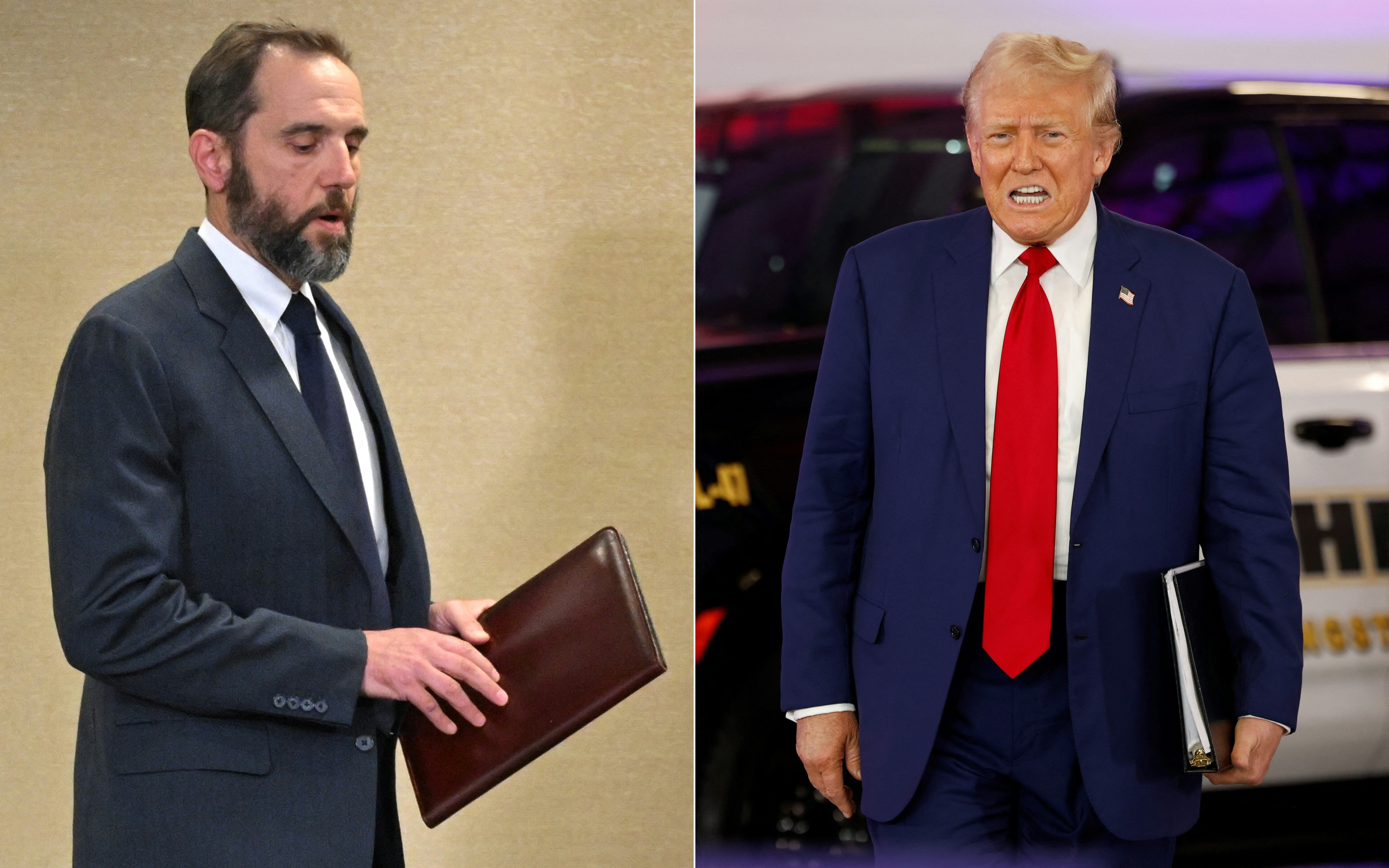 Special Counsel Jack Smith (L) in Washington, DC, on June 9, 2023 and Donald Trump in Howell, Michigan, August 20, 2024. On August 27, prosecutors filed a revised indictment of Donald Trump on charges that he tried to overturn the 2020 election after losing to Joe Biden