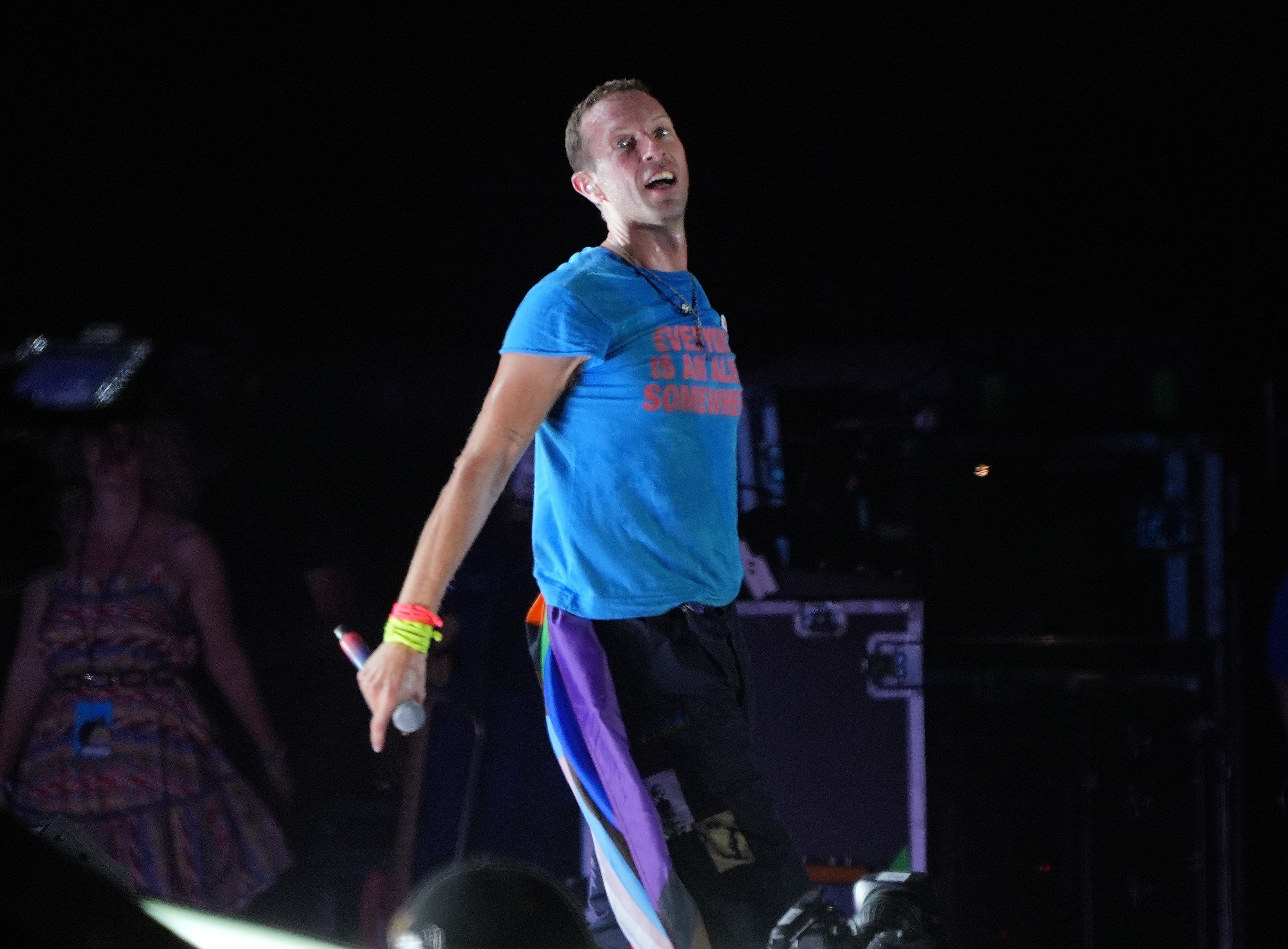 Chris Martin of Coldplay performing on the Pyramid Stage at Glastonbury