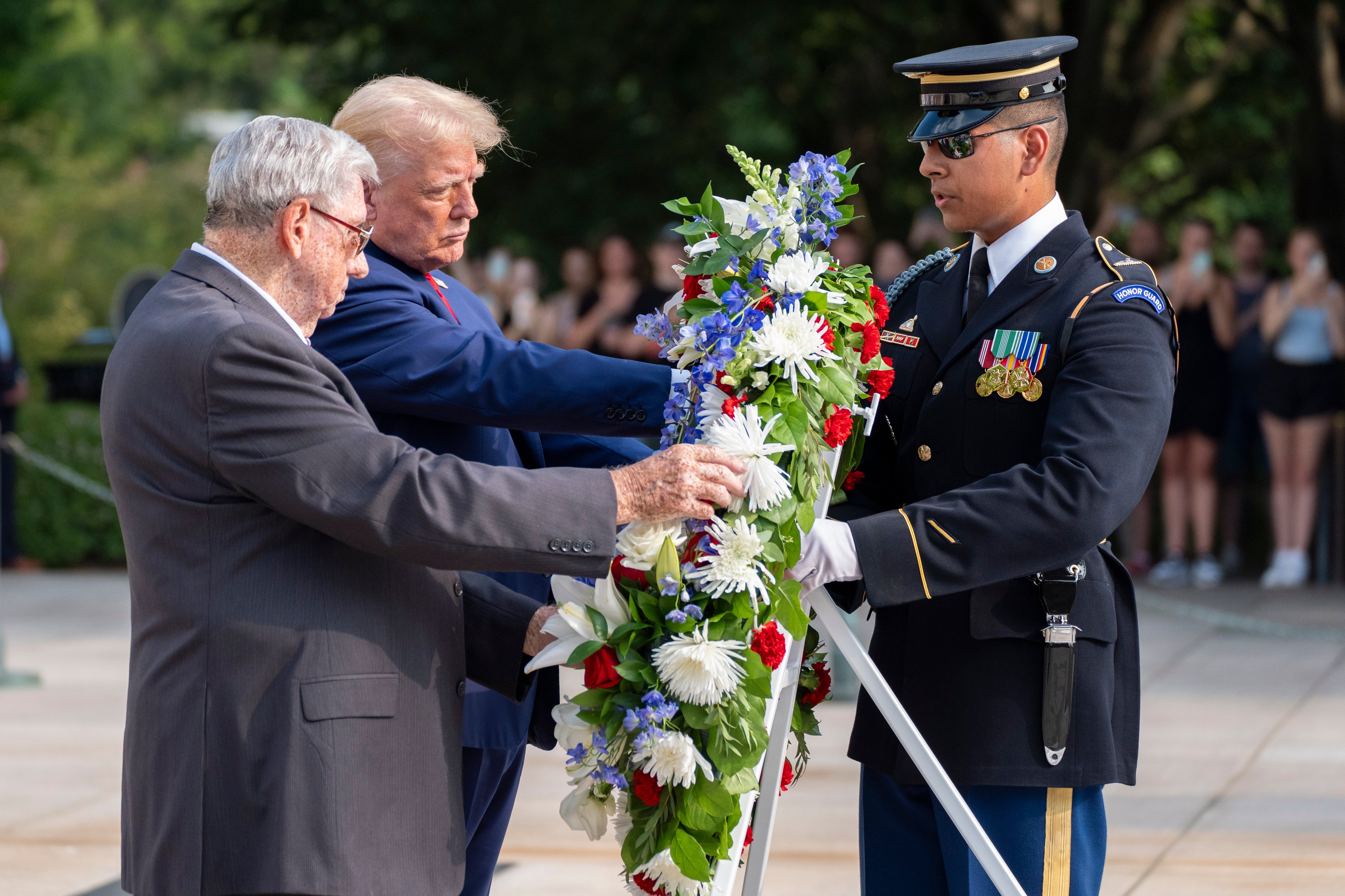 Donald Trump lays a wreath at the Tomb of the Unknown Soldier at Arlington National Cemetery on Monday