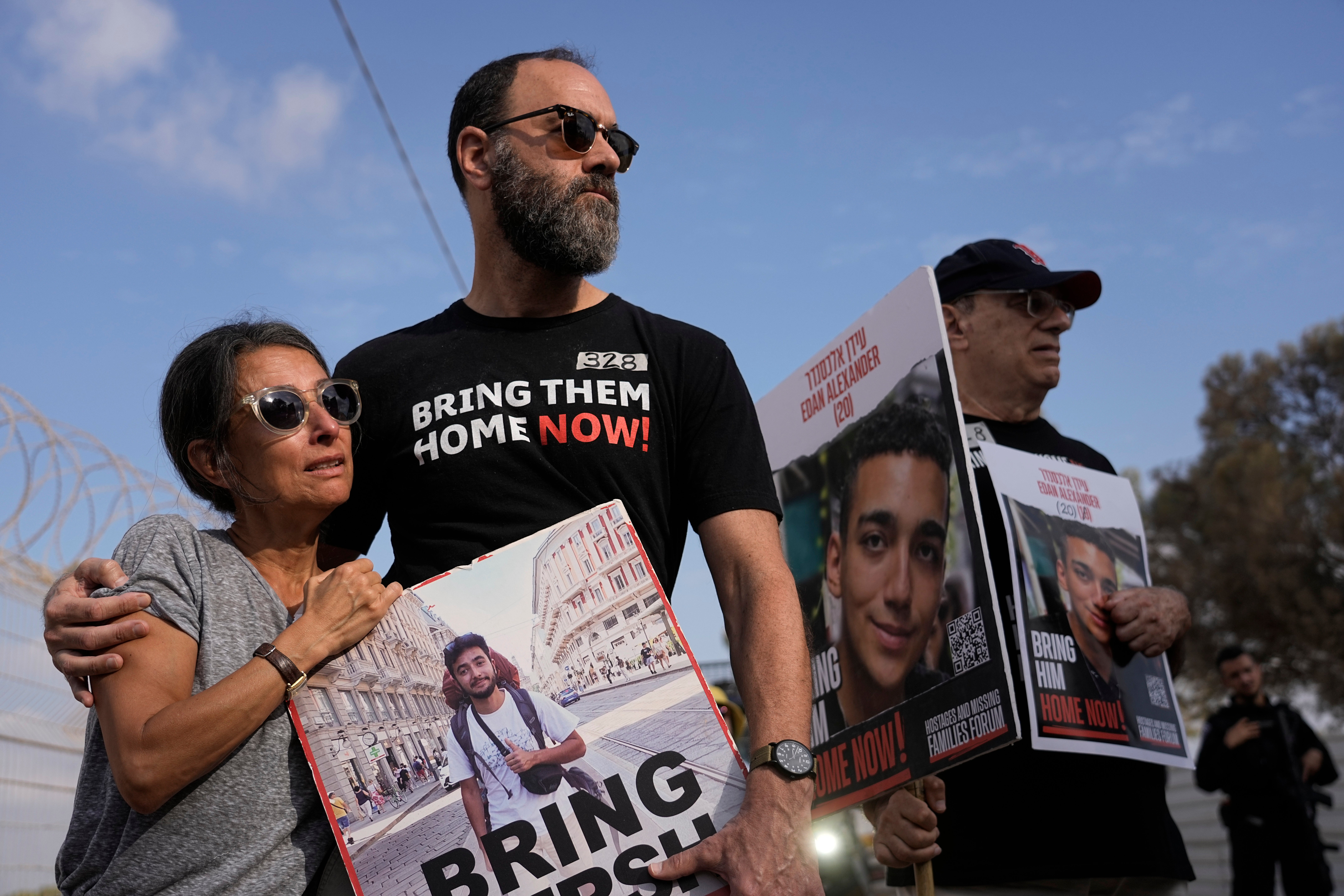 Rachel Goldberg, left, and Jon Polin center, parents of Israeli-American hostage Hersh Polin-Goldberg, along with other relatives of hostages held in the Gaza Strip by the Hamas militant group take part in a protest calling for their release in the Kibbutz Nirim, southern Israel, Thursday, 29 Aug 2024