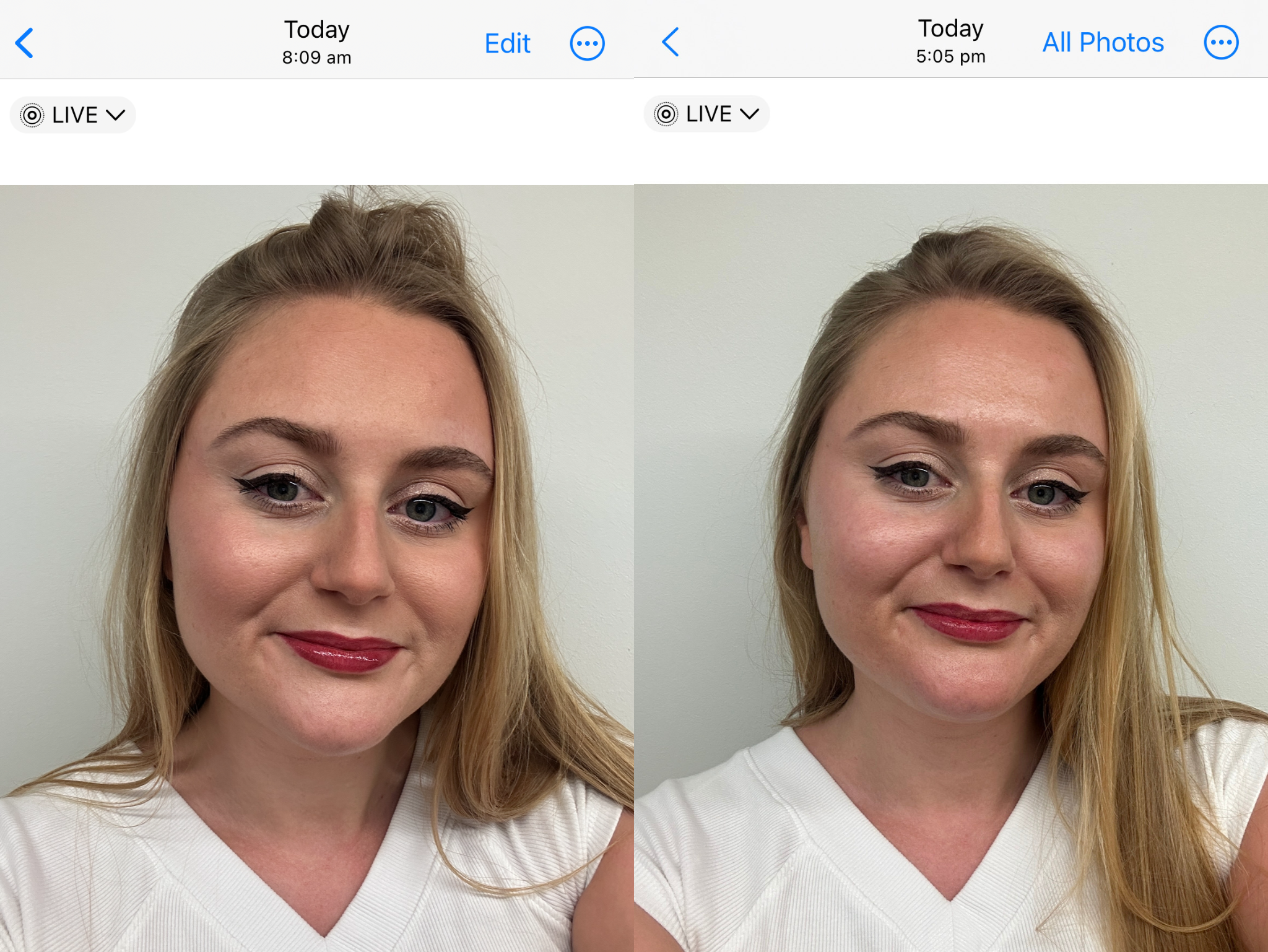 The full face at 8am (left) and the look at 5pm (right)