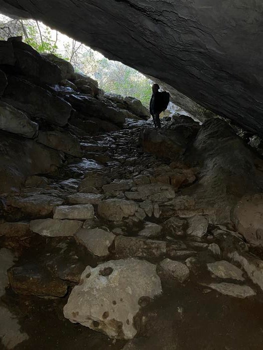 Stone path connecting the entrance in Genovesa Cave, Mallorca