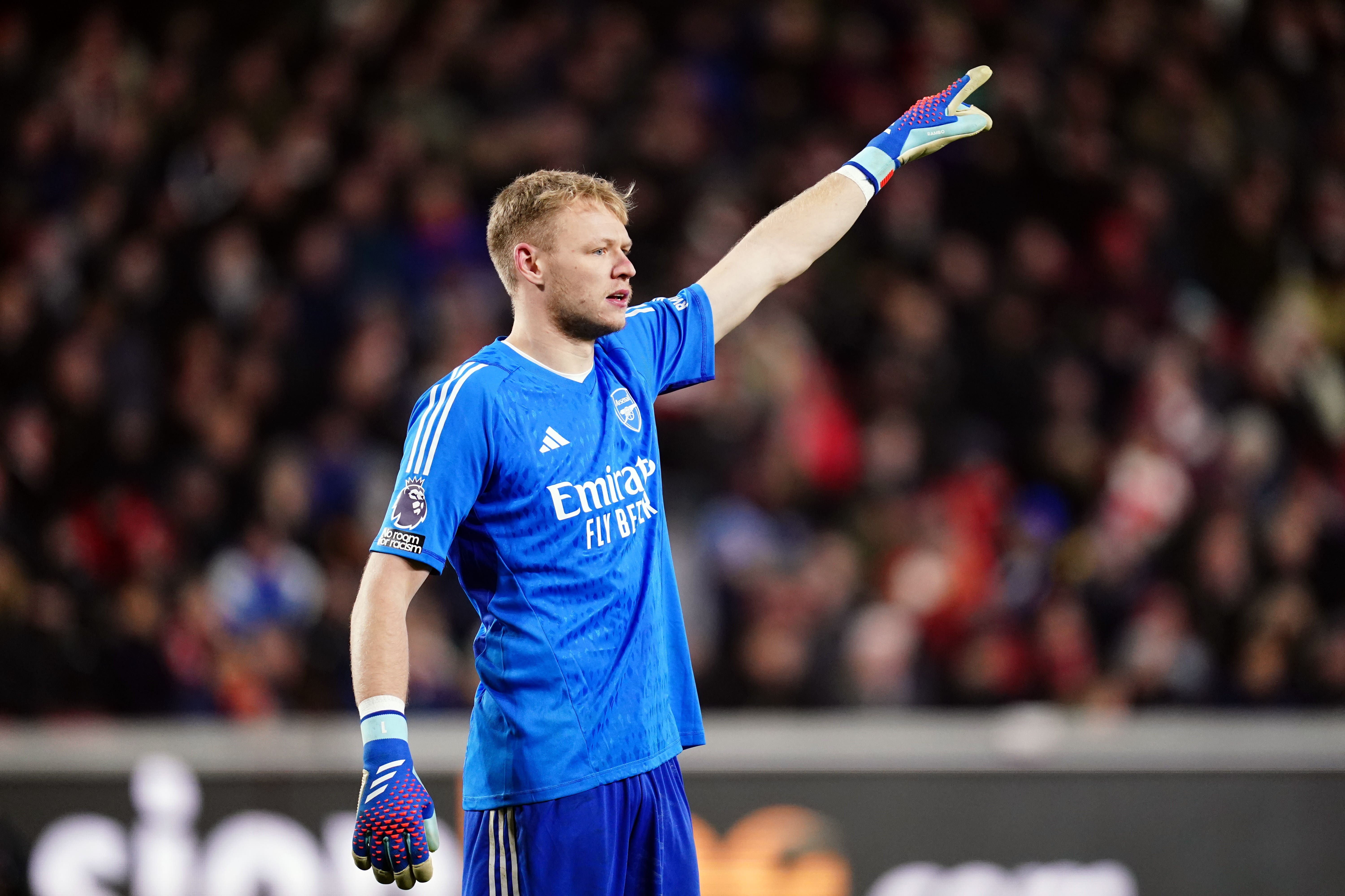 Arsenal goalkeeper Aaron Ramsdale during the Premier League match at Gtech Community Stadium, London. Picture date: Saturday November 25, 2023.