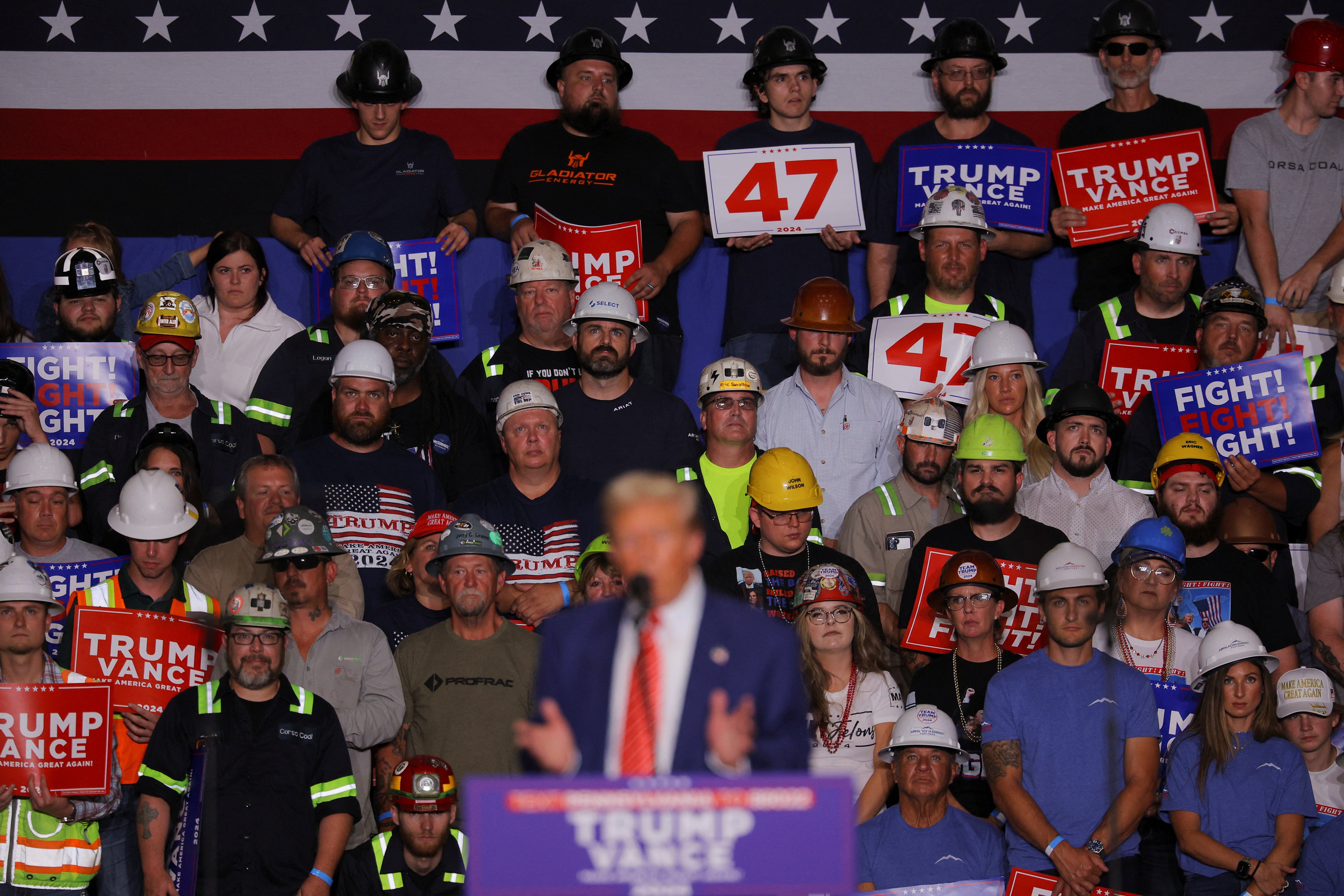 Donald Trump holds a rally in Pennsylvania on August 30. The group of supporters pictured behind him are mostly men