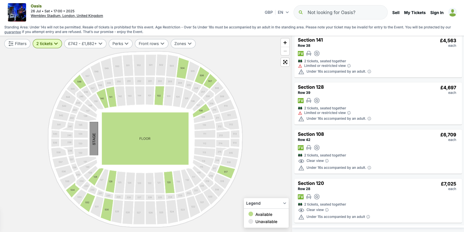 Oasis tickets were being sold for as much as £7,025 each on Viagogo