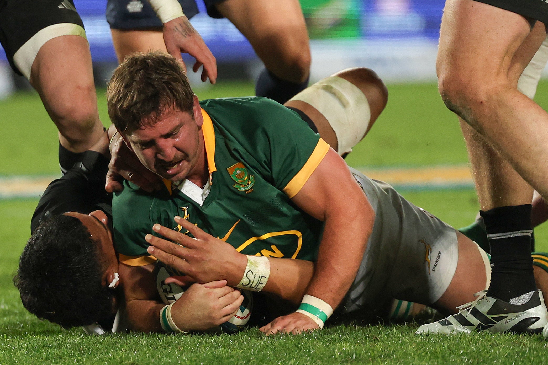 South Africa’s loose forward Kwagga Smith scores a try during the Rugby Championship