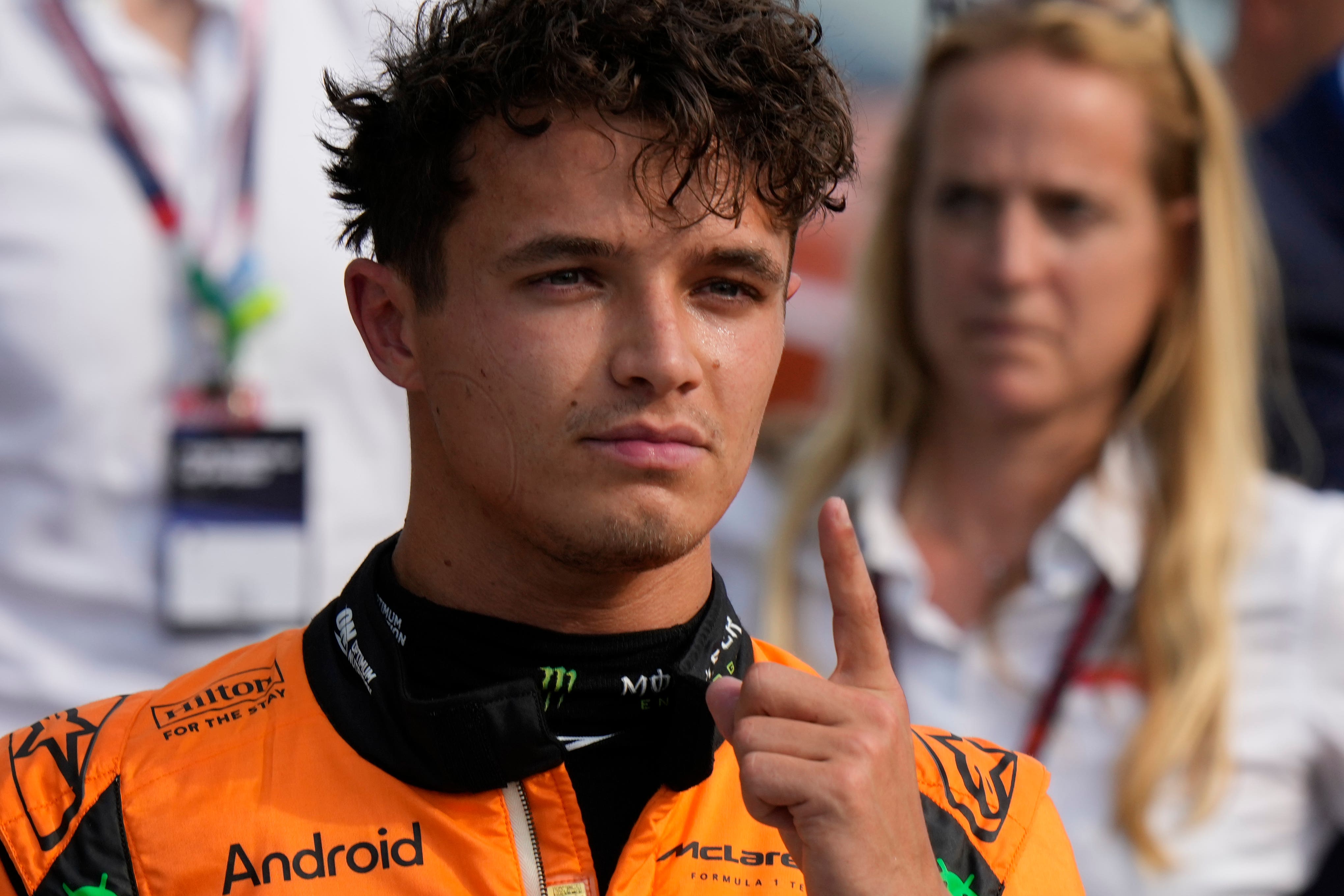 McLaren’s Lando Norris celebrates his pole position at Monza (Luca Bruno/AP)