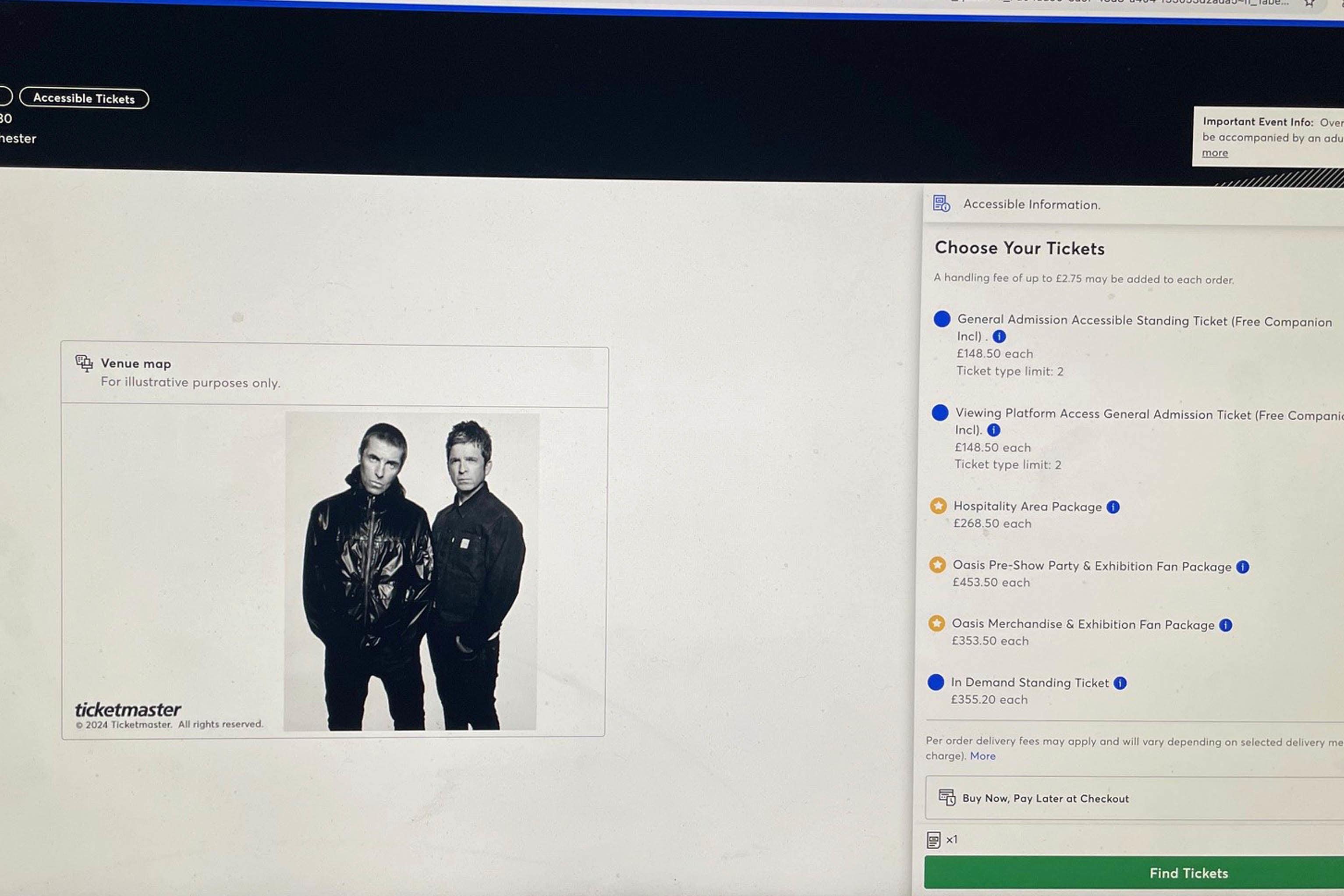 A screengrab from the Ticketmaster website detailing the in-demand pricing information about Oasis concert tickets for sale in Manchester
