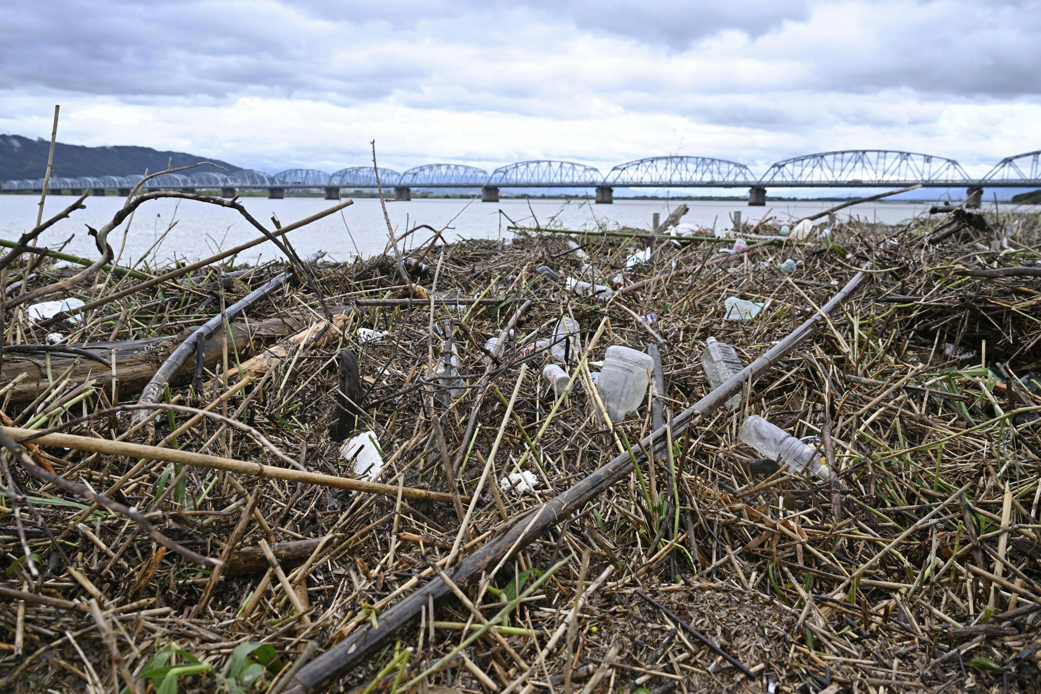 Flood debris is seen piled on the bank of the Yoshino river in Tokushima, southern Japan