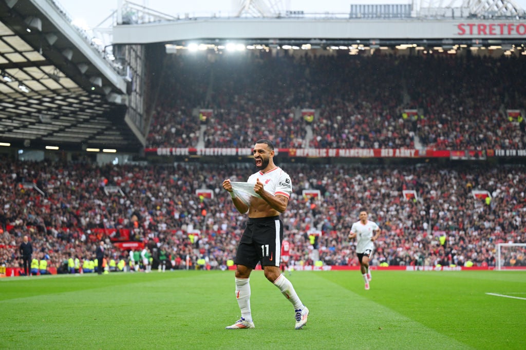 Salah after scoring Liverpool’s third goal against Man Utd