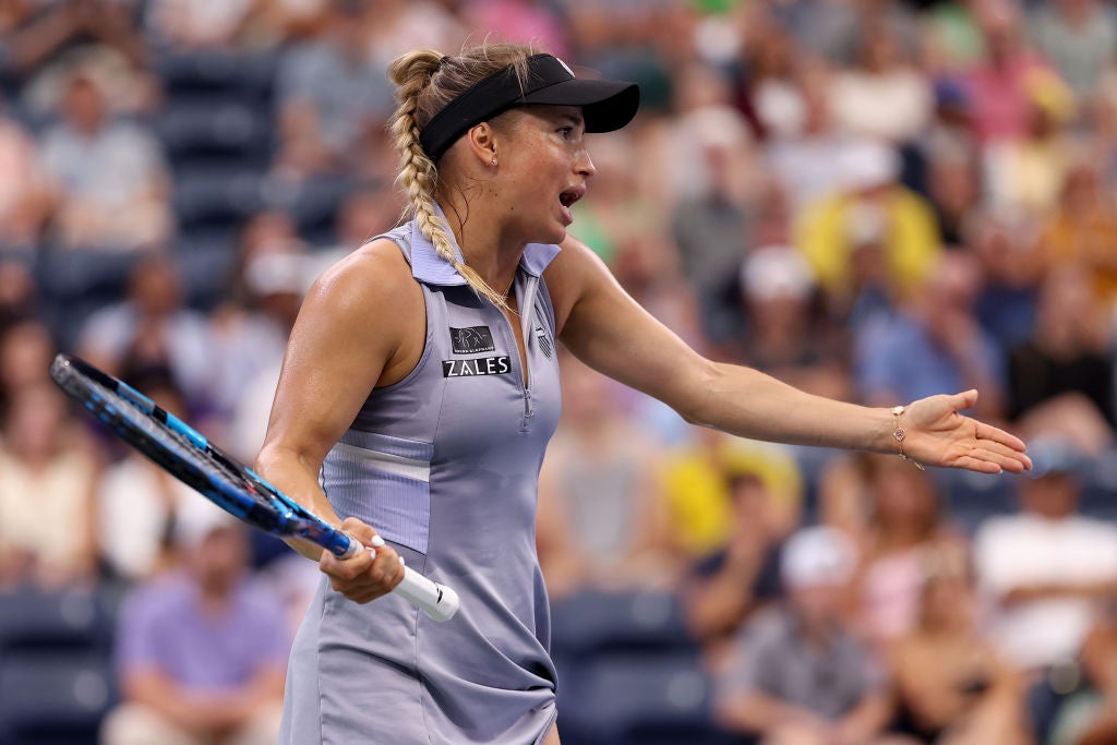 Putintseva reacts during her third-round defeat at the US Open