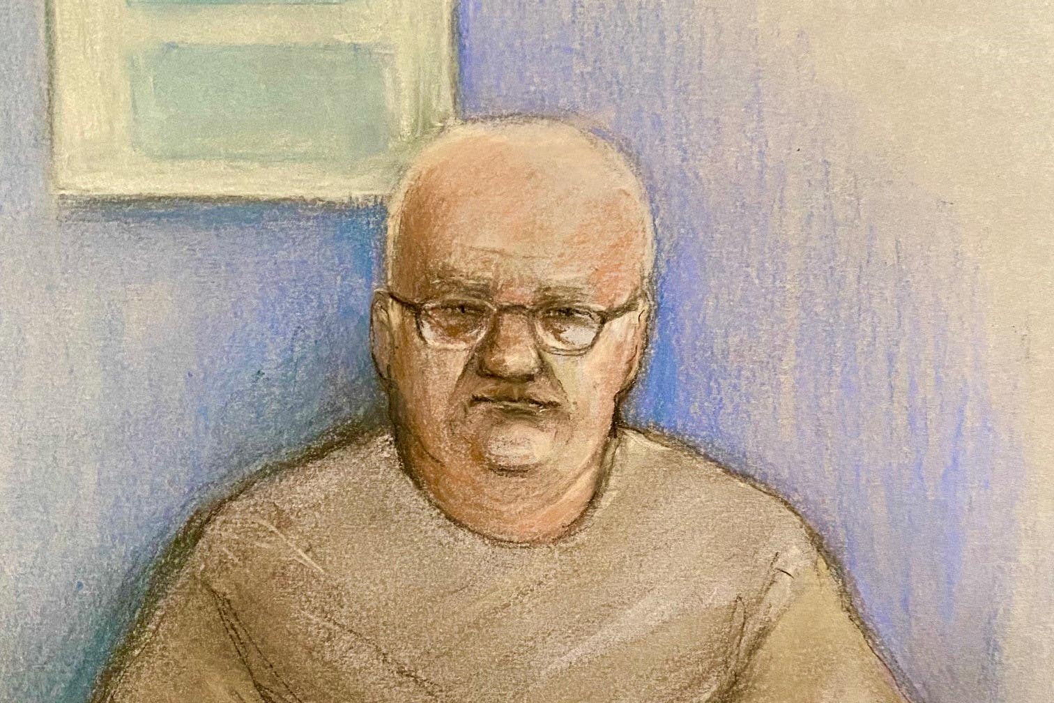 Sketch of Steve Wright at an earlier hearing at Ipswich Magistrates’ Court, via video-link from custody (Elizabeth Cook/ PA)