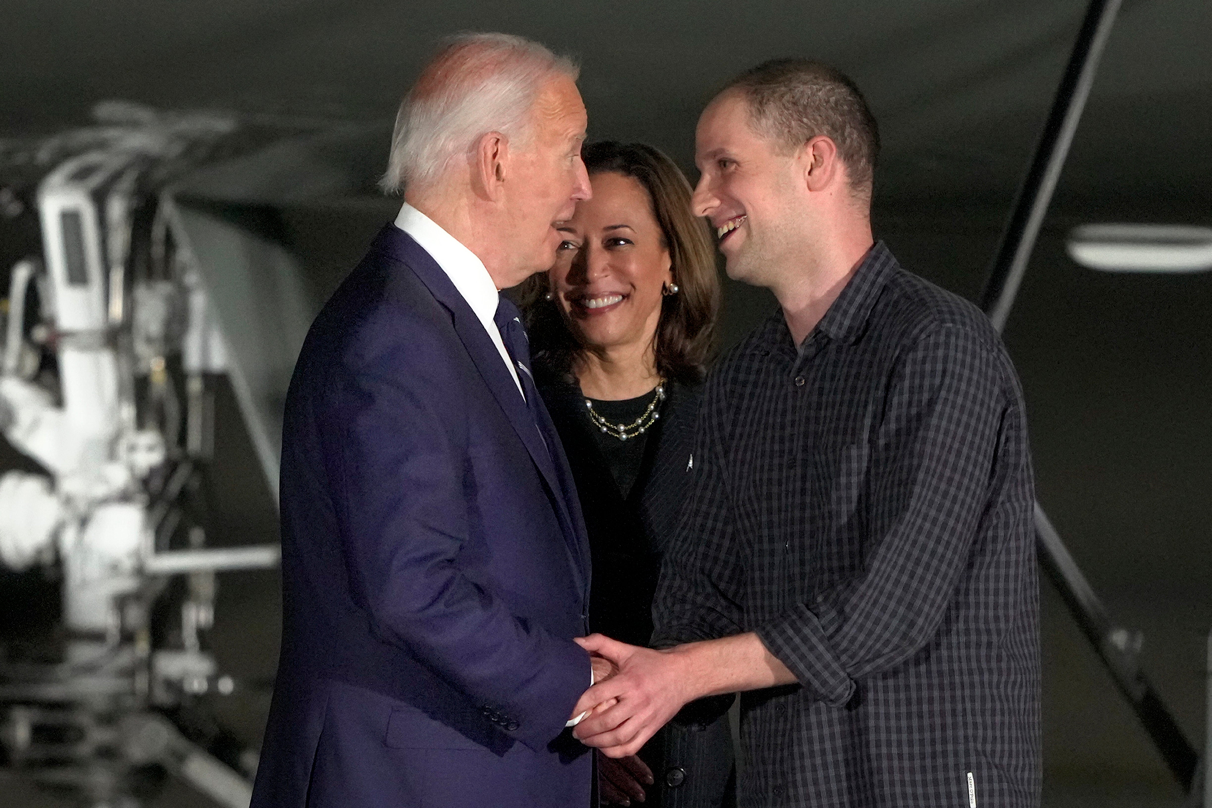 President Joe Biden and Harris greet reporter Evan Gershkovich at Andrews Air Force Base following his release as part of a 24-person prisoner swap between Russia and the United States on August 1.