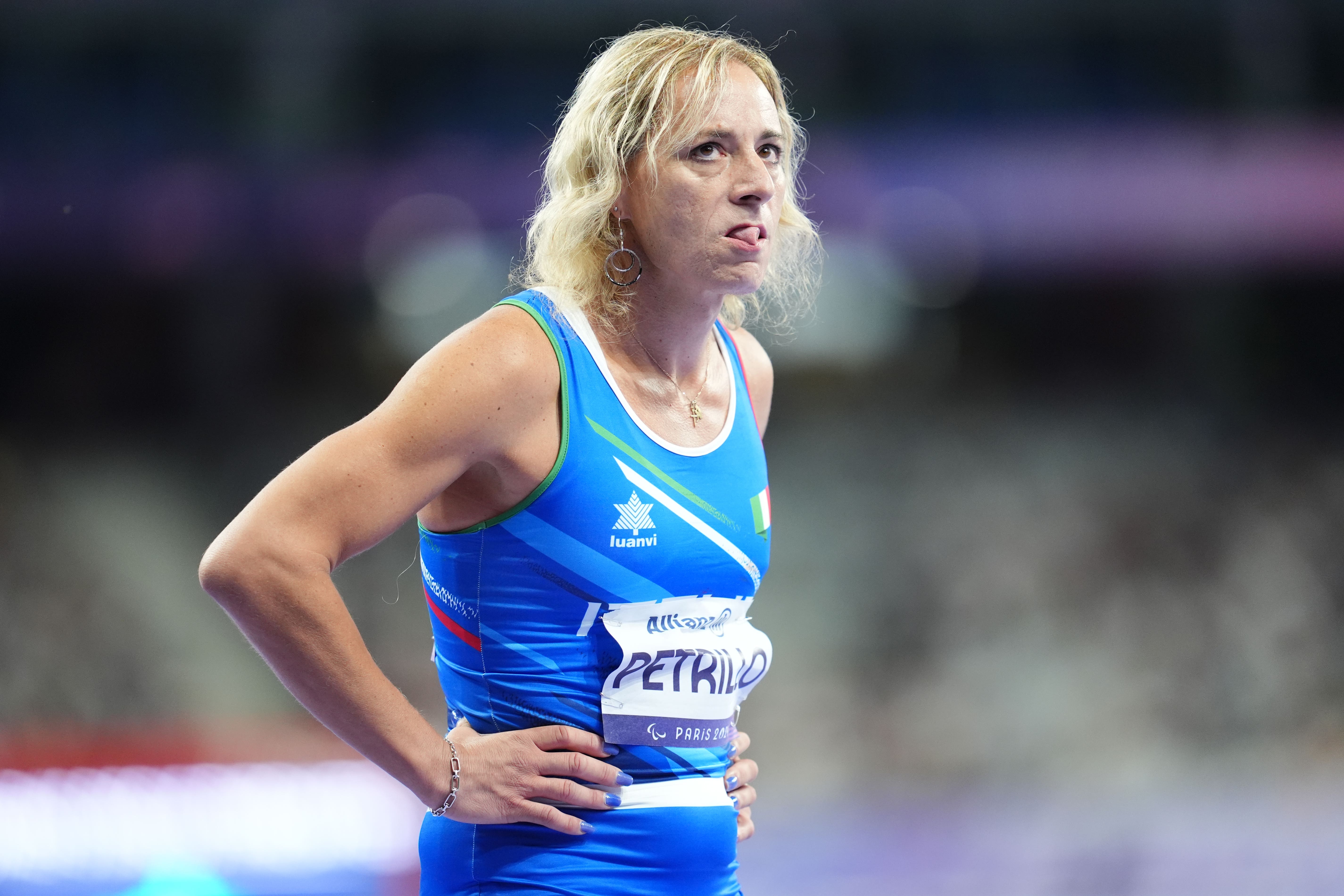 Italy’s Valentina Petrillo after finishing third in the women’s 400m T12 semi-final at Stade de France (Adam Davy/PA)