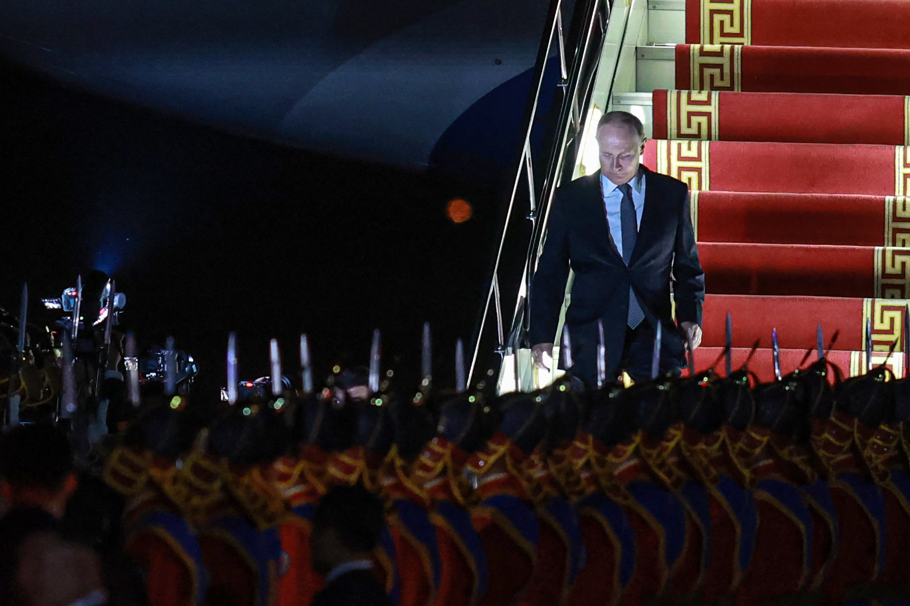 Russia's President Vladimir Putin arrives at Buyant-Ukhaa International Airport in Mongolia's capital Ulaanbaatar on 2 September 2024