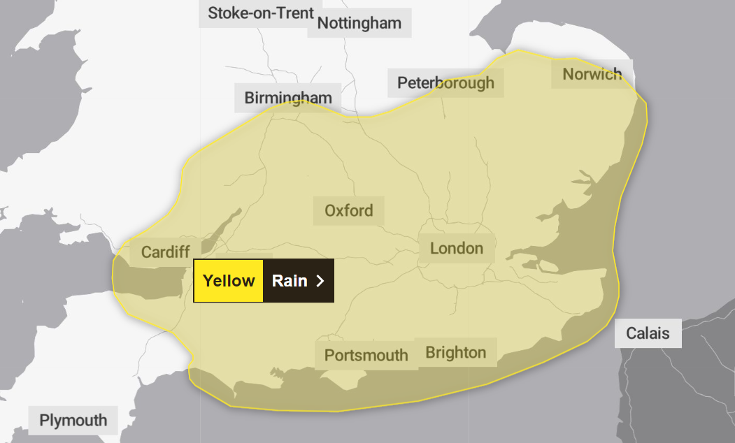 The yellow weather warning covers the majority of southern England