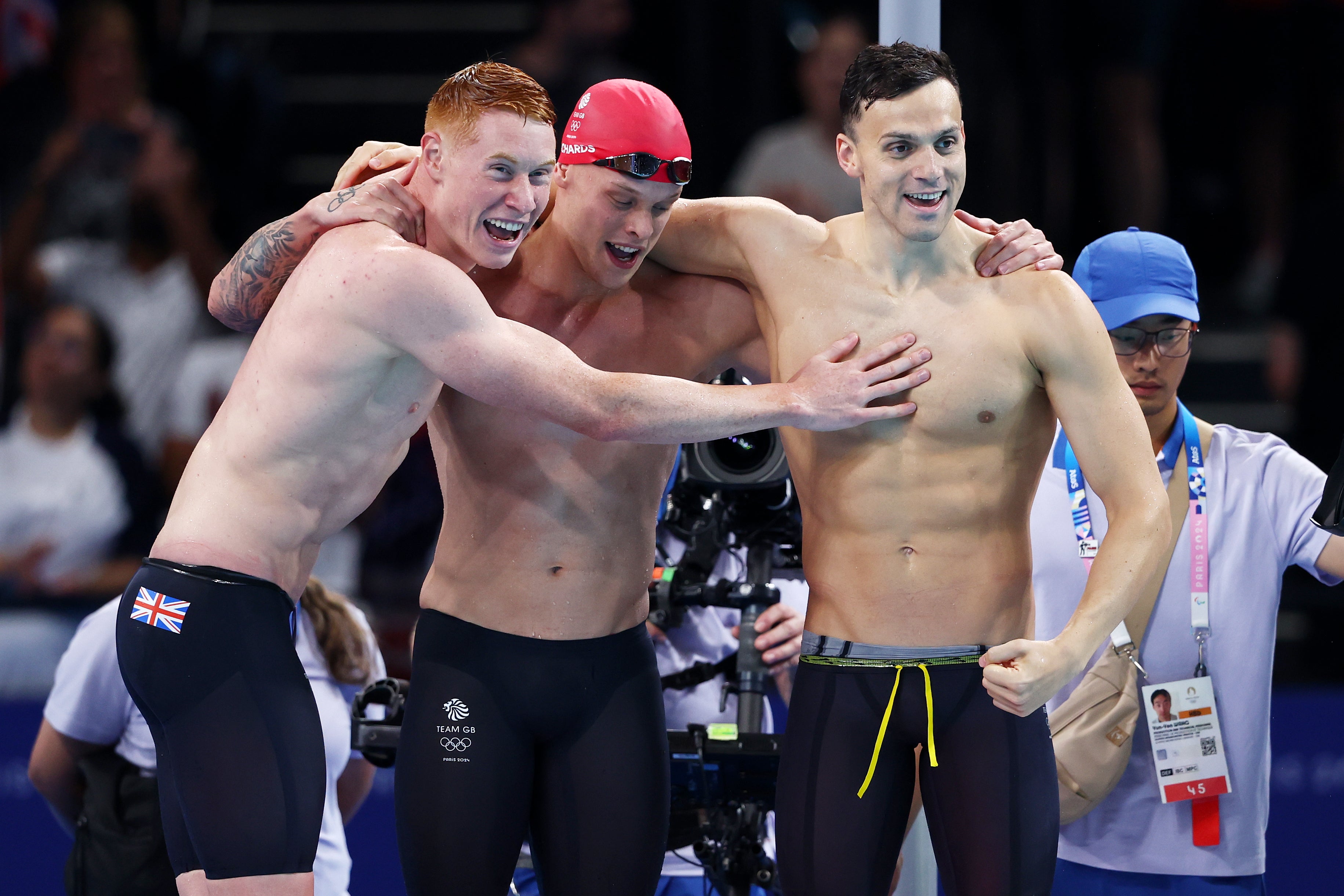 Dean, Matthew Richards and James Guy after winning gold in the Men’s 4x200m Freestyle Relay Final at the Paris 2024 Olympic Games