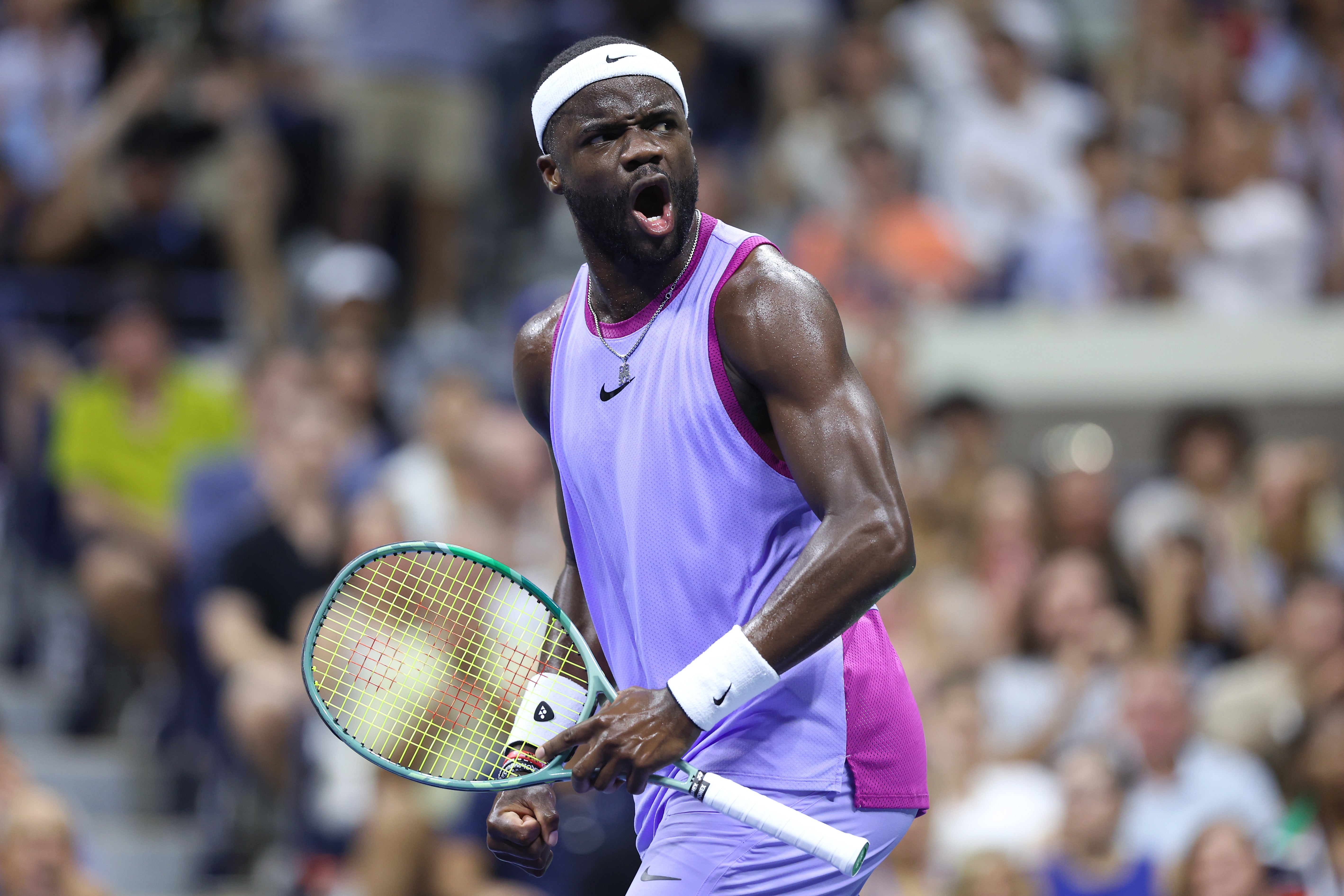 Frances Tiafoe of the United States reacts against Alexei Popyrin of Australia during their fourth round match of the men's singles at the US Open on September 1 in New York City