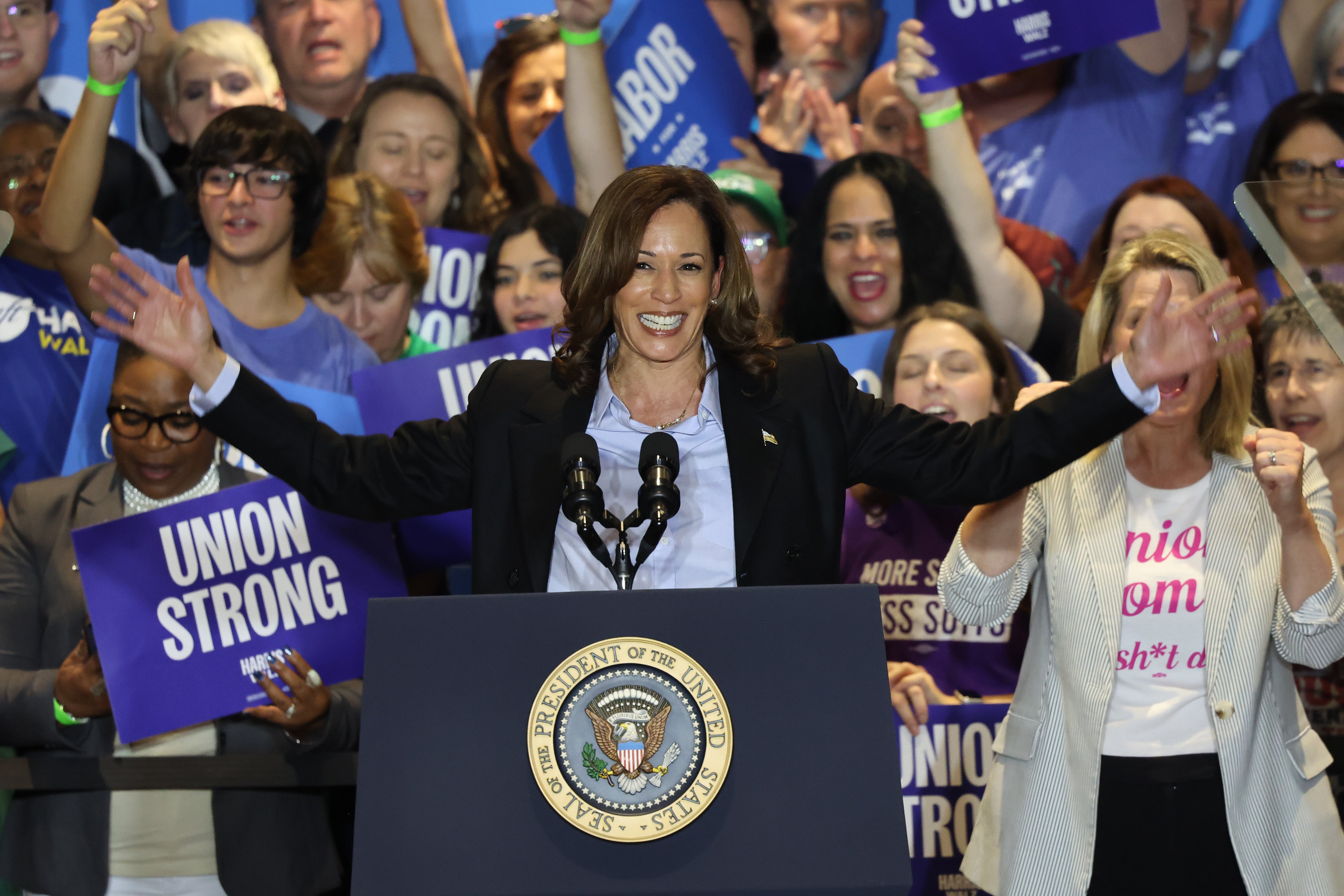 Democratic presidential nominee, U.S. Vice President Kamala Harris speaks during a campaign event at IBEW Local Union #5 on September 02, 2024 in Pittsburgh, Pennsylvania.