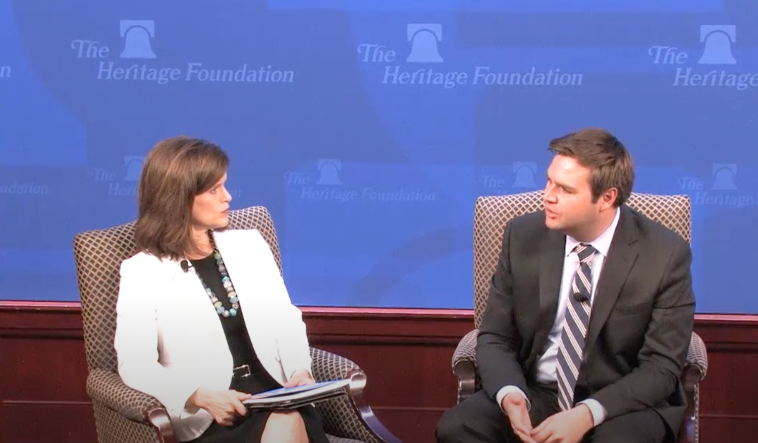 JD Vance (right) appears at a Heritage Foundation event in 2017 after writing the introduction to a conservative index