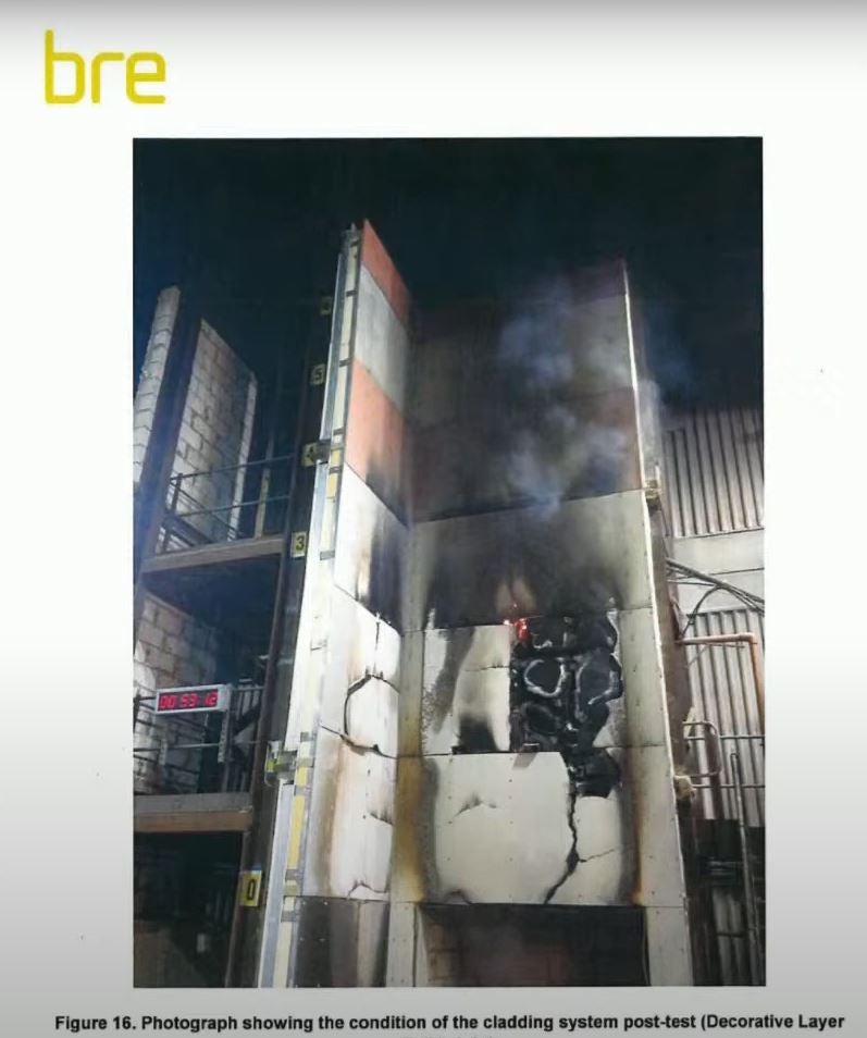 Screen grab from the Grenfell Inquiry, showing a cladding fire test rig carried out in May 2014 at the Building Research Establishment (BRE) by insulation maker Celotex (Grenfell Inquiry/PA)