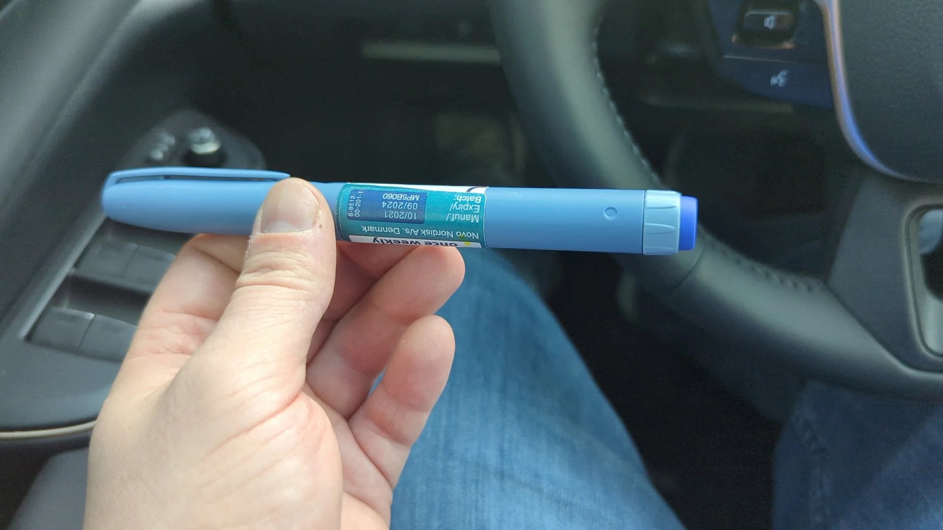 A suspected fake Ozempic pen, featuring the batch number MP5B060 on its label above the branding, that was bought in Nuevo Progreso, Mexico