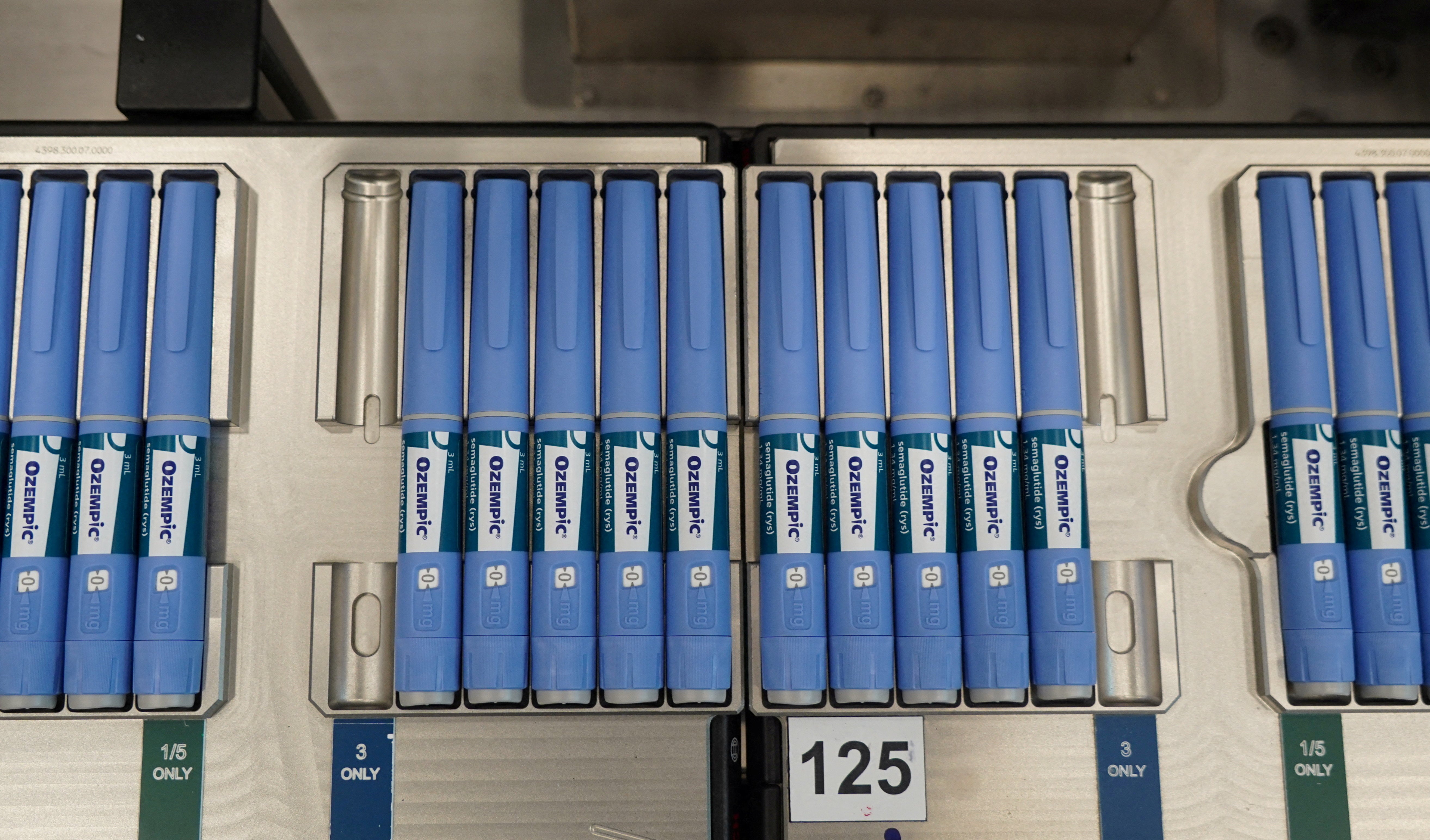 Pens for the diabetes drug Ozempic sit on a production line at Danish drugmaker Novo Nordisk’s site in Hillerod, Denmark