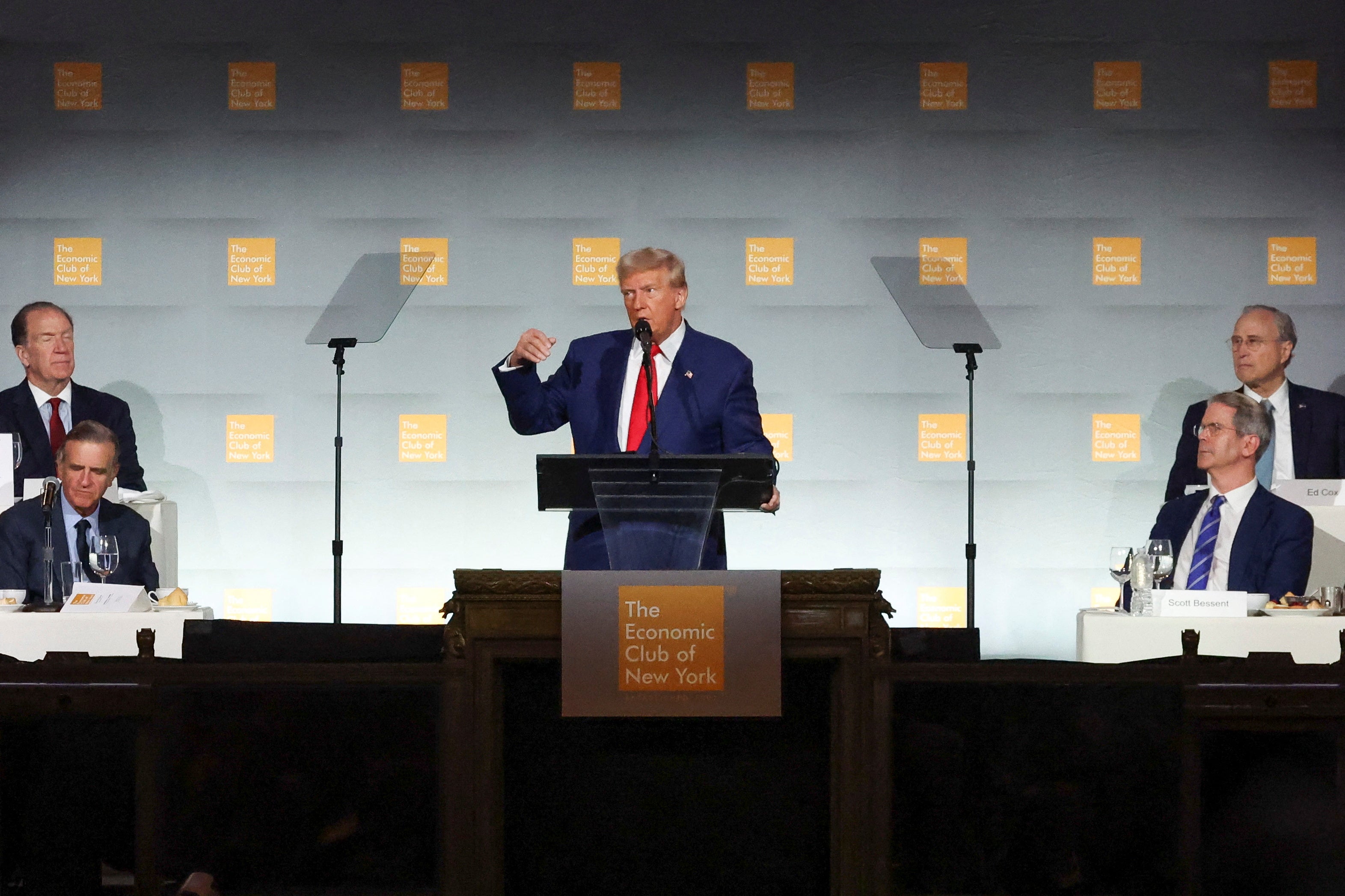 Donald Trump speaks at the Economic Club of New York on September 5, announcing plans for Elon Musk to lead a government task force to implement spending cuts.