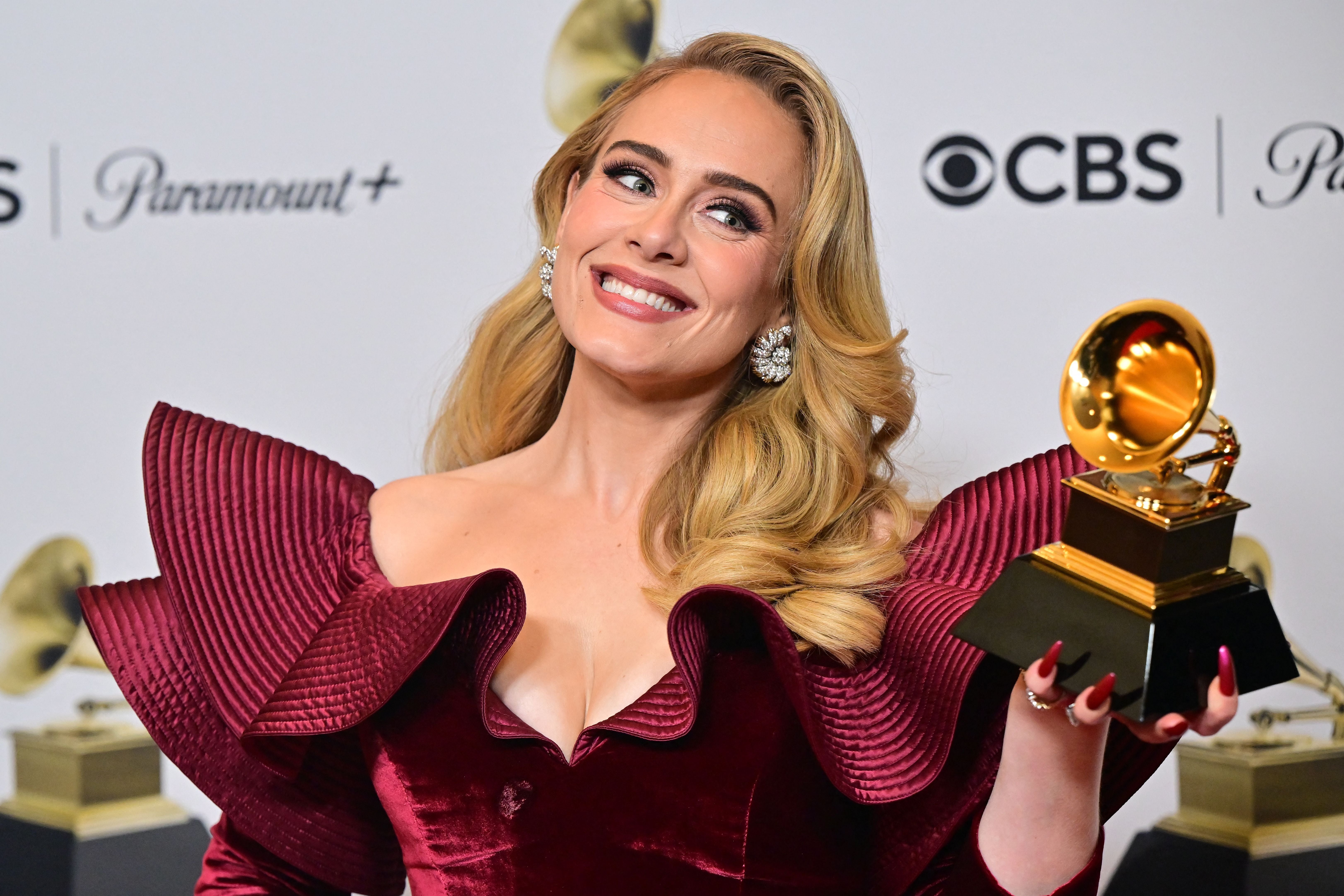 File. Adele poses with the award for Best Pop Solo Performance for ‘Easy on Me’ in the press room during the 65th Annual Grammy Awards at the Crypto.com Arena in Los Angeles on 5 February 2023