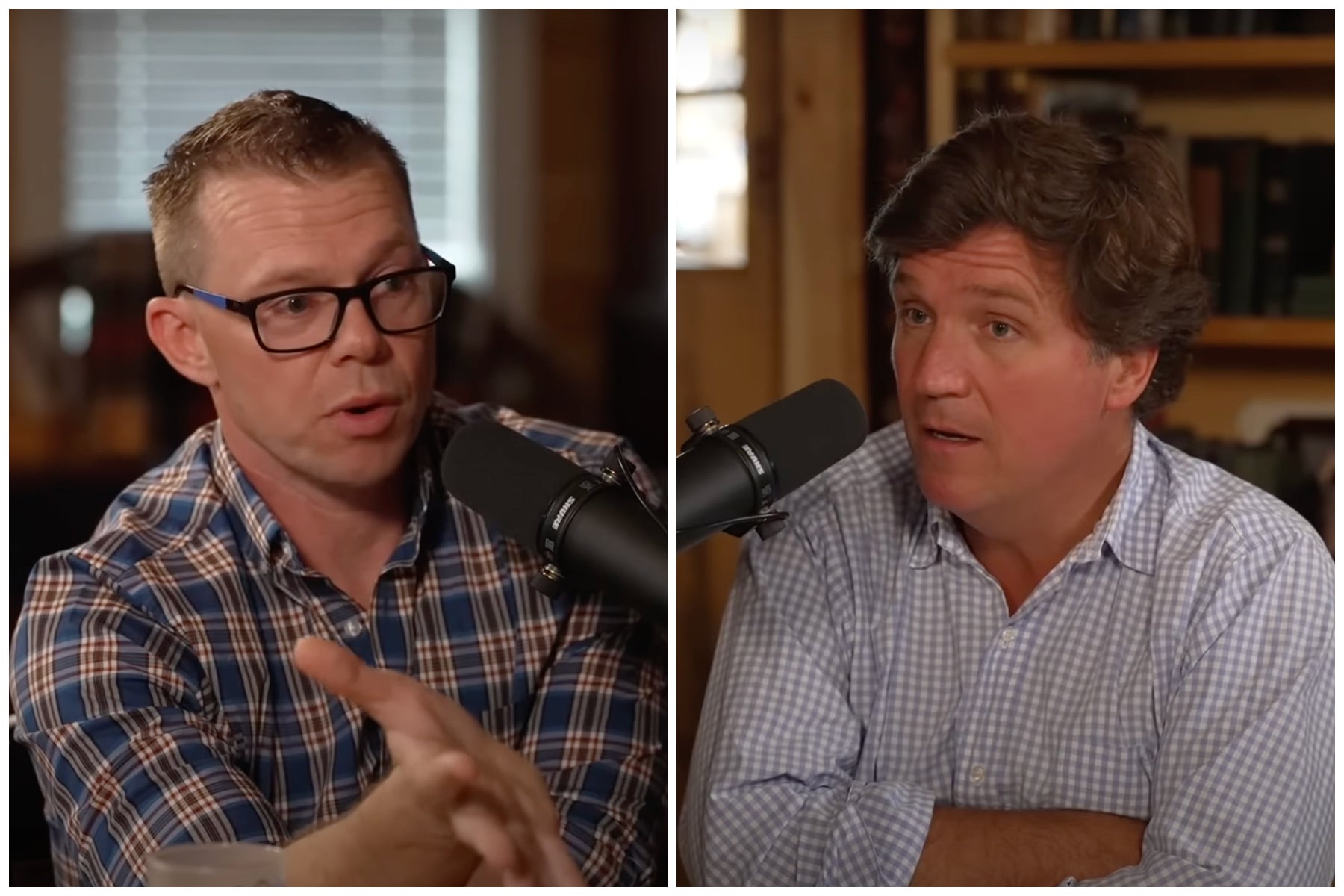 A White House official condemned Tucker Carlson (right) for holding an interview with Darryl Cooper (left) who claimed Winston Churchill was ‘the chief villain’ of WWII