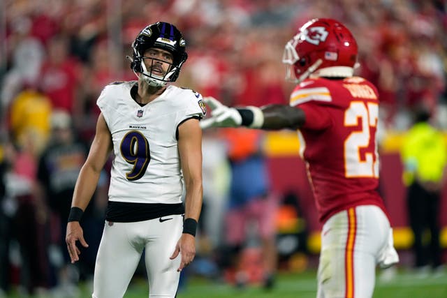 <p>Justin Tucker, wearing the 9 jersey, has denied the allegations.</p>