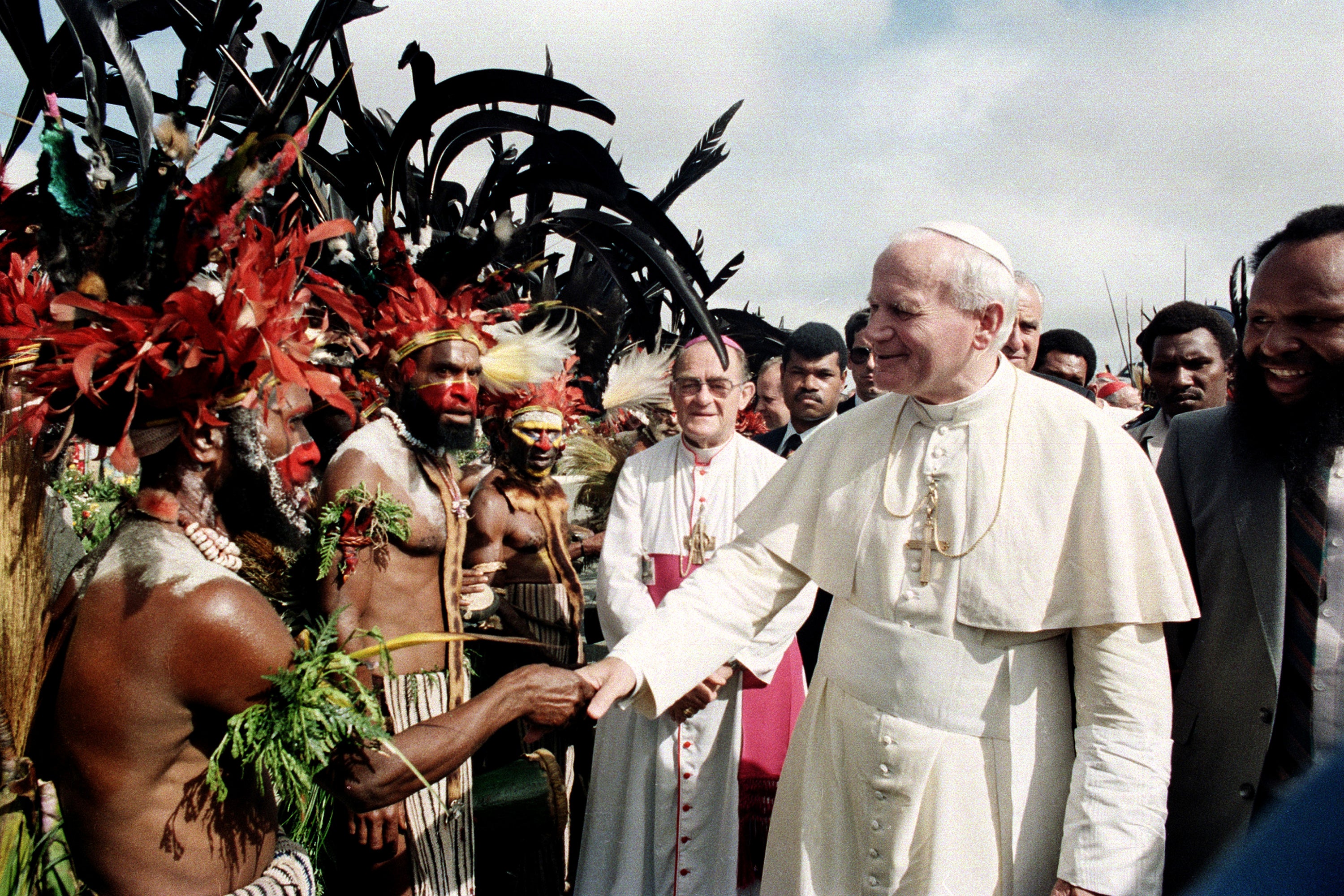 Pope John Paul II is greeted by Papua New Guinea Highland natives on his visit to Mt. Hagen, Papua New Guinea, on May 8, 1984