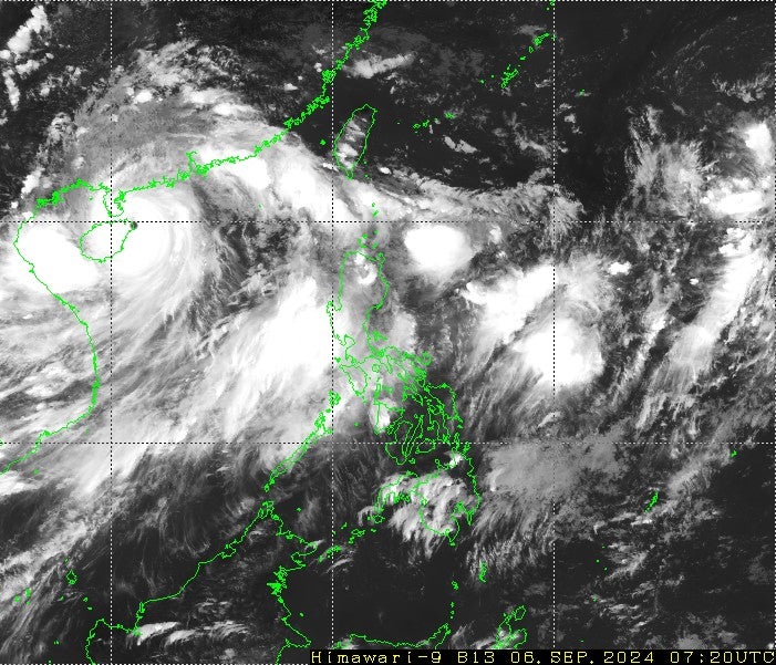 Infrared image from Japan’s Himawari-9 satelite shows the eye of Super Typhoon Yagi over the northern tip of Hainan island as it continues to churn westward