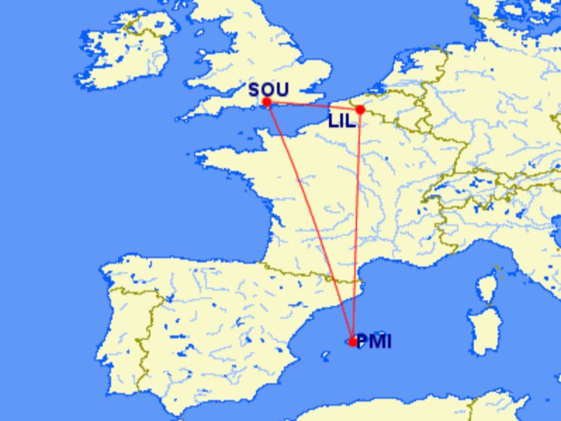 Long way round: EasyJet passengers from Southanpton (SOU) made the short hop to Lille (LIL) to pick up fuel before flying to Palma (PMI)