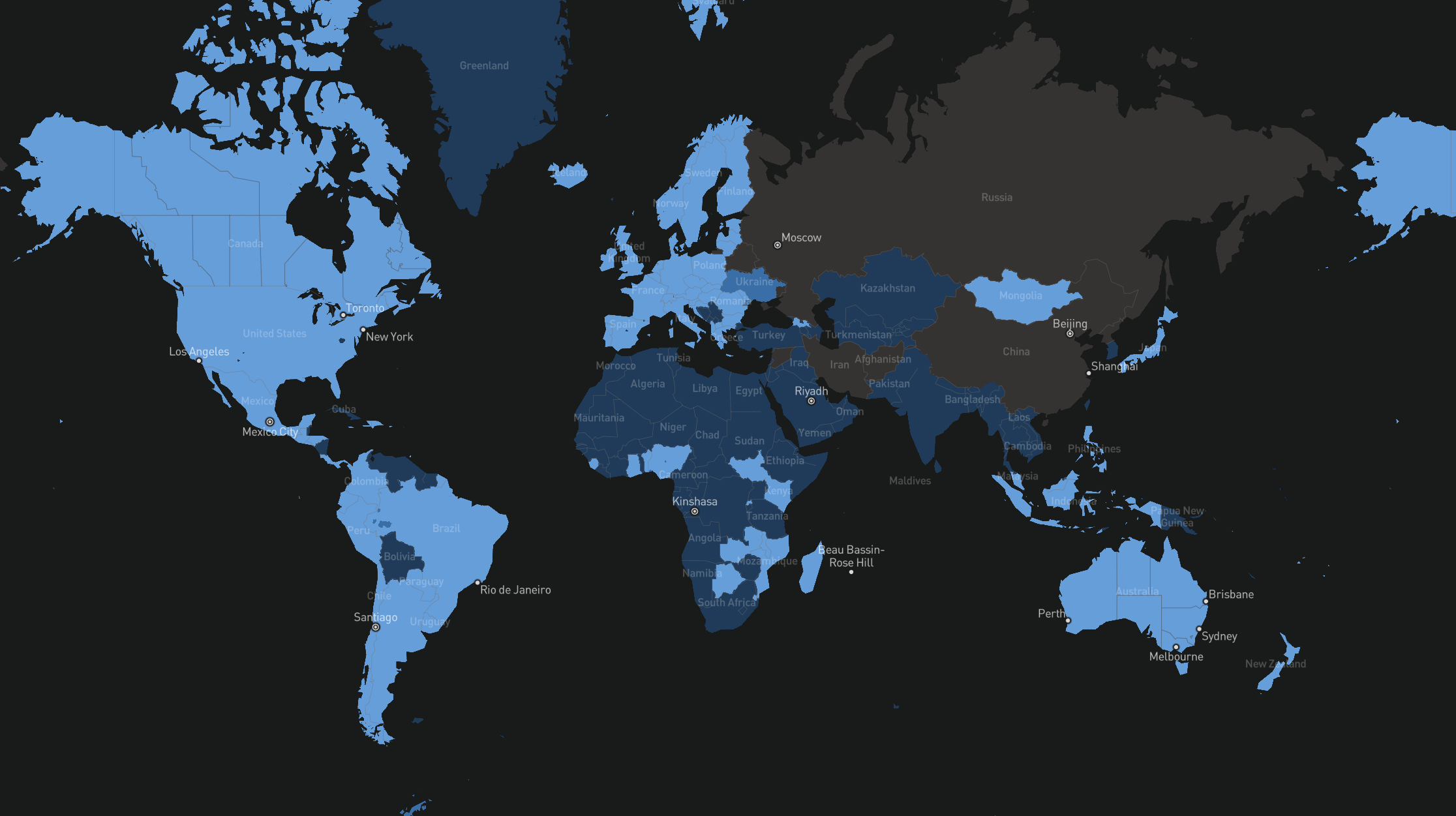 Countries where Starlink operates (light blue) and where it plans to launch (dark blue), as of 6 September, 2024