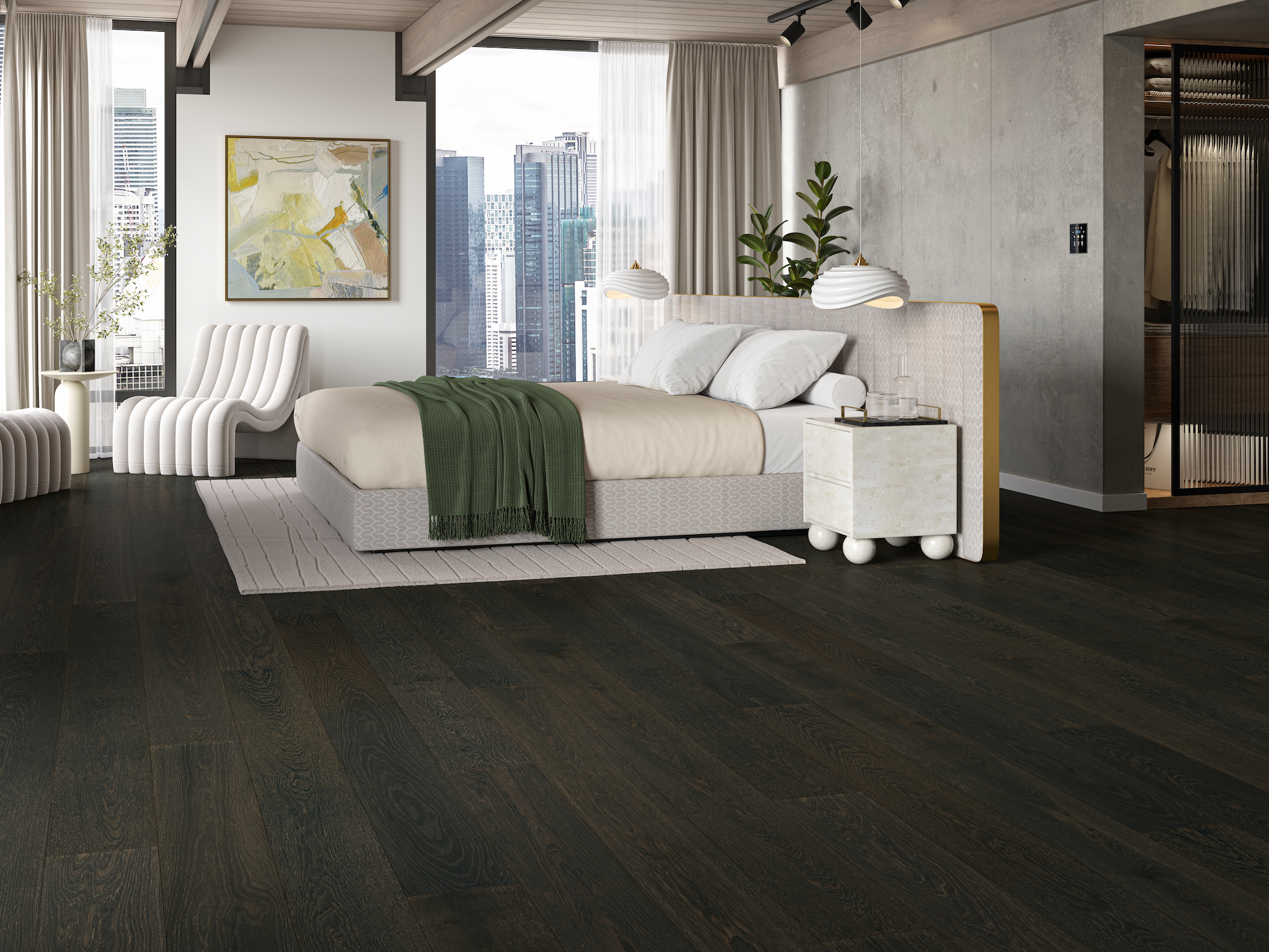 Dark flooring brings a dramatic contrast to an airy space