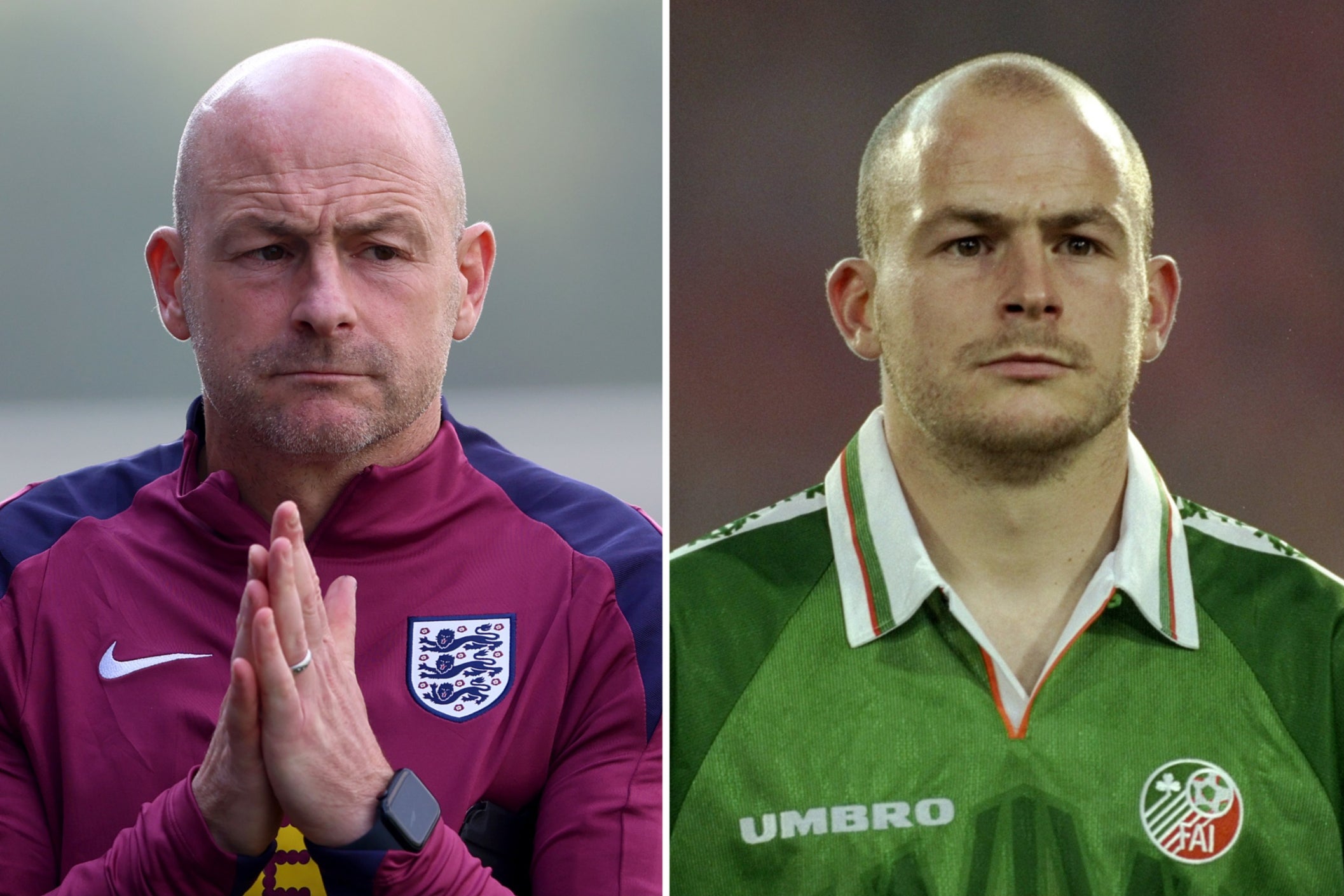 Lee Carsley on England duty this week (left) and representing Ireland in 1997