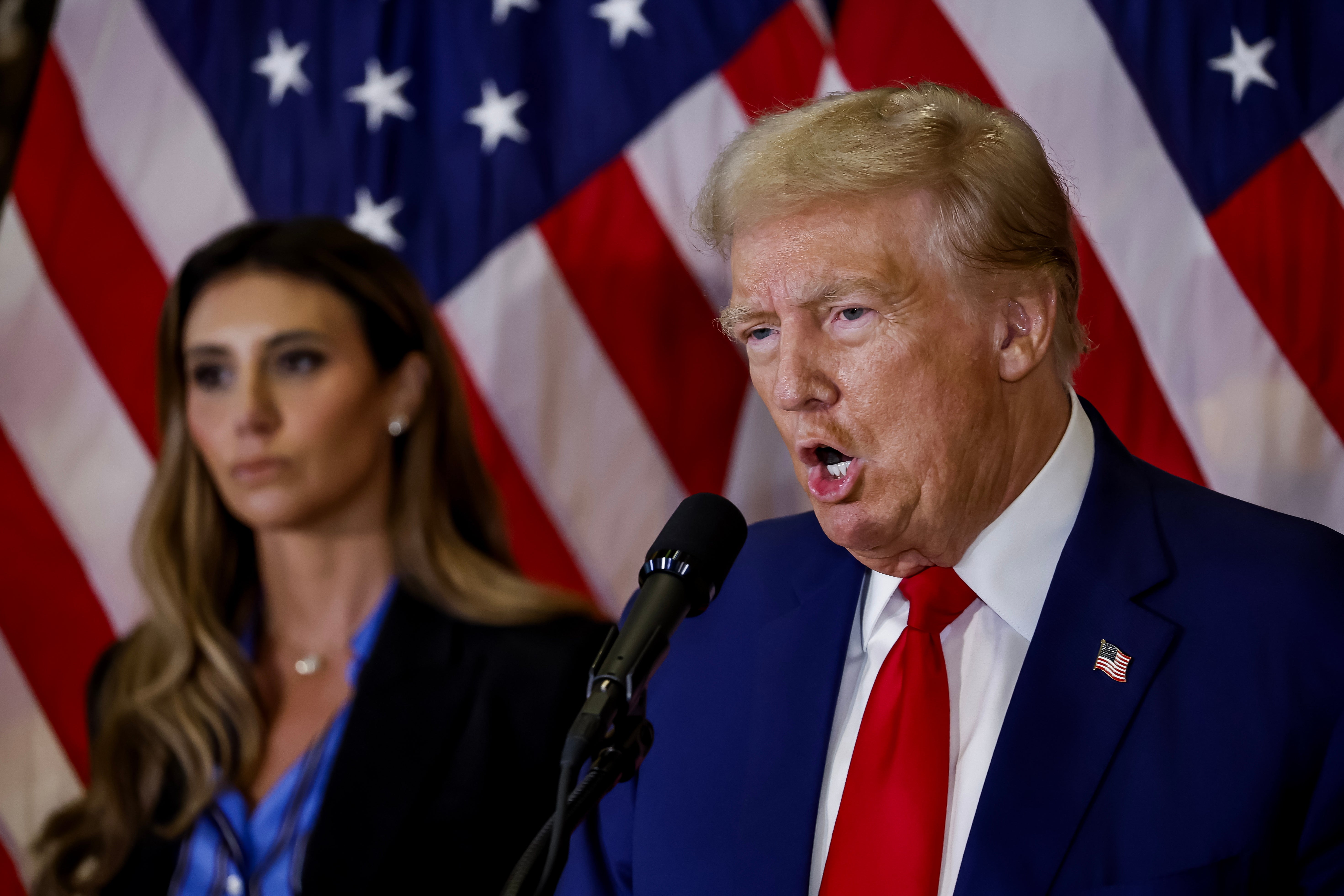 Former president Donald Trump held a “press conference” at Trump Tower on Friday after his lawyer delivered oral arguments in his appeal to the E Jean Carroll verdict. Pictured behind him is Alina Habba, his lawyer who represented him in the second Carroll trial.