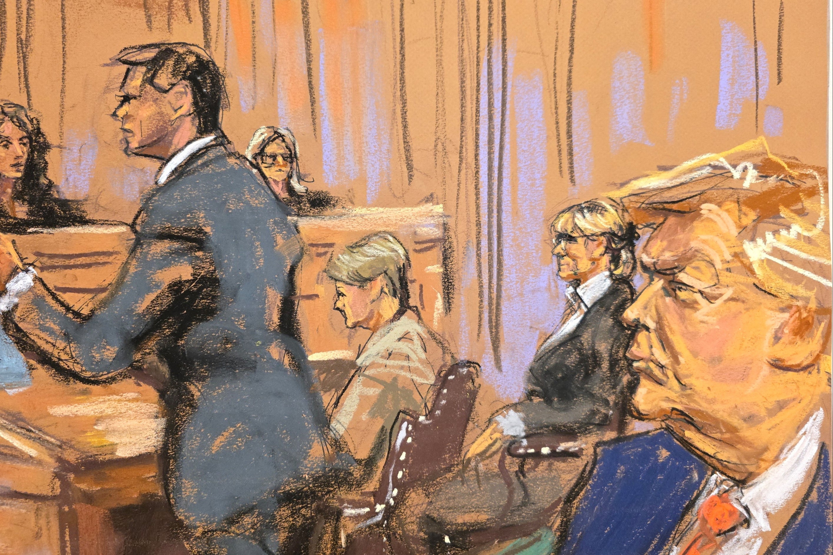 This courtroom sketch show former president Donald Trump (right) looking at his lawyer during oral arguments at the Second Circuit Appeals Court on Friday