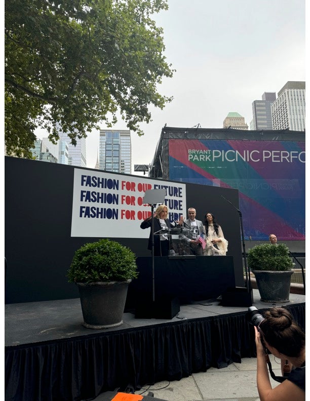 First Lady Jill Biden on stage with Thom Browne and Aurora James