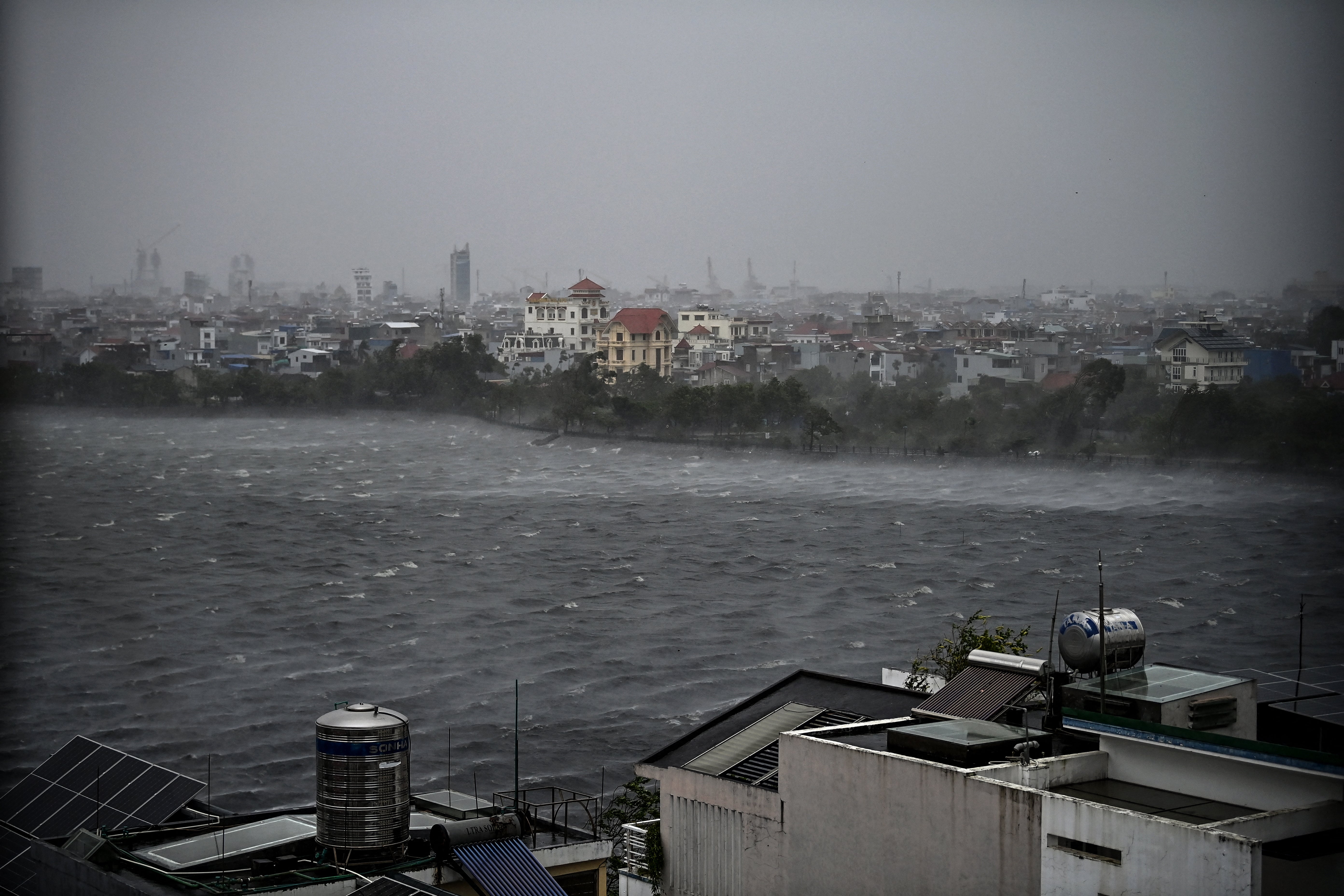 Waves are whipped up by high winds on Phuong Luu lake as Super Typhoon Yagi hits Hai Phong on 7 September 2024