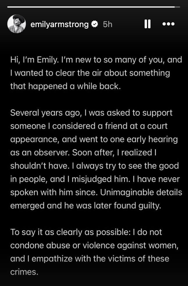 New Linkin Park singer Emily Armstrong addressed her support for Danny Masterson